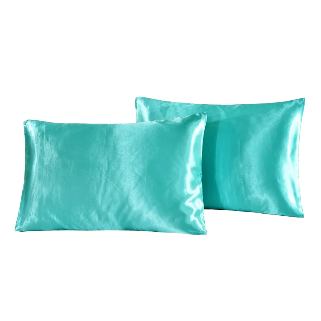 1 Pair Solid Color Luxury Silky Pillowcases Standard Size (20x26) Lake Blue"