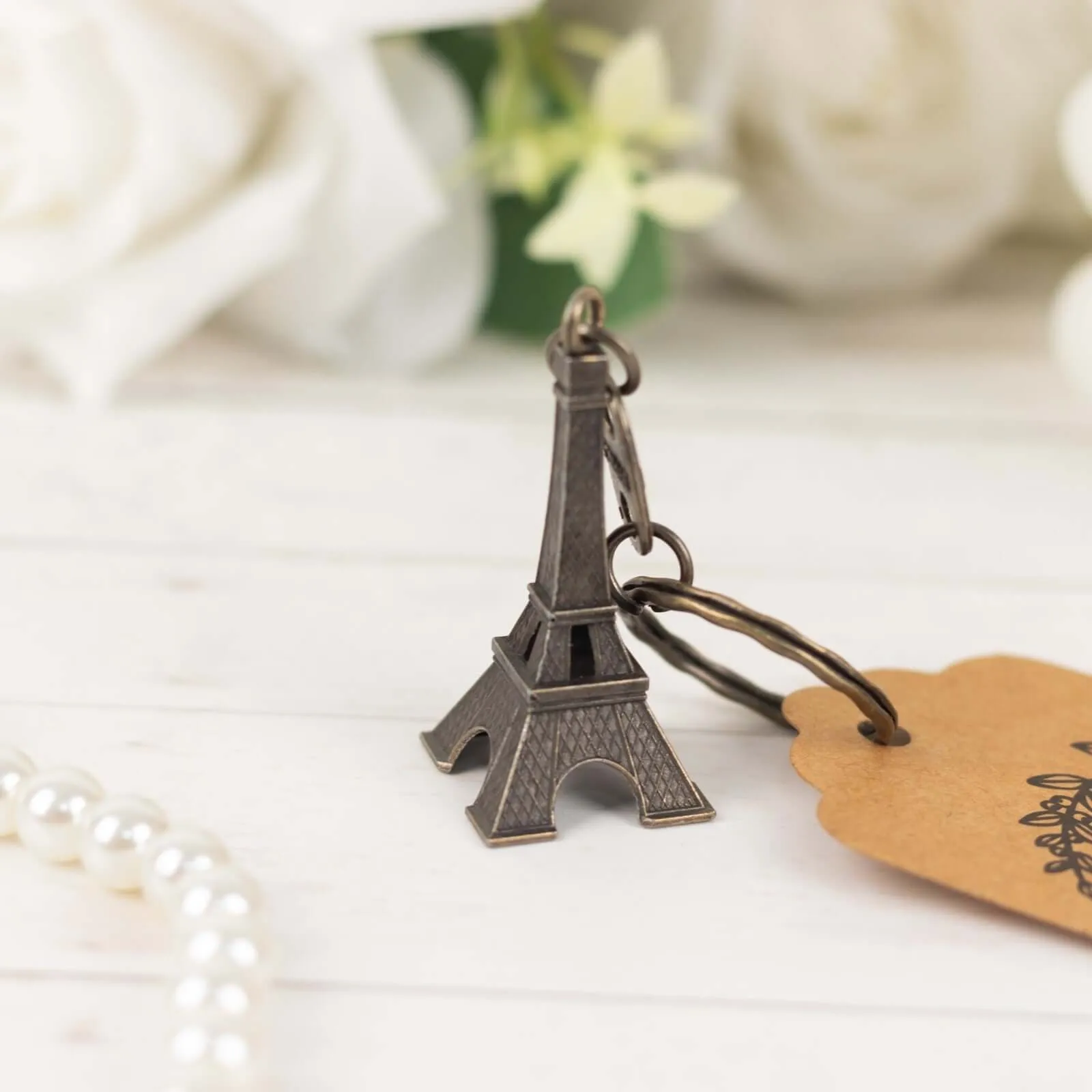 10 Pack Bronze Plastic Paris Eiffel Tower Keychain Party Favor, Wedding Bridal Shower Souvenirs With Thank You Tag - 4"