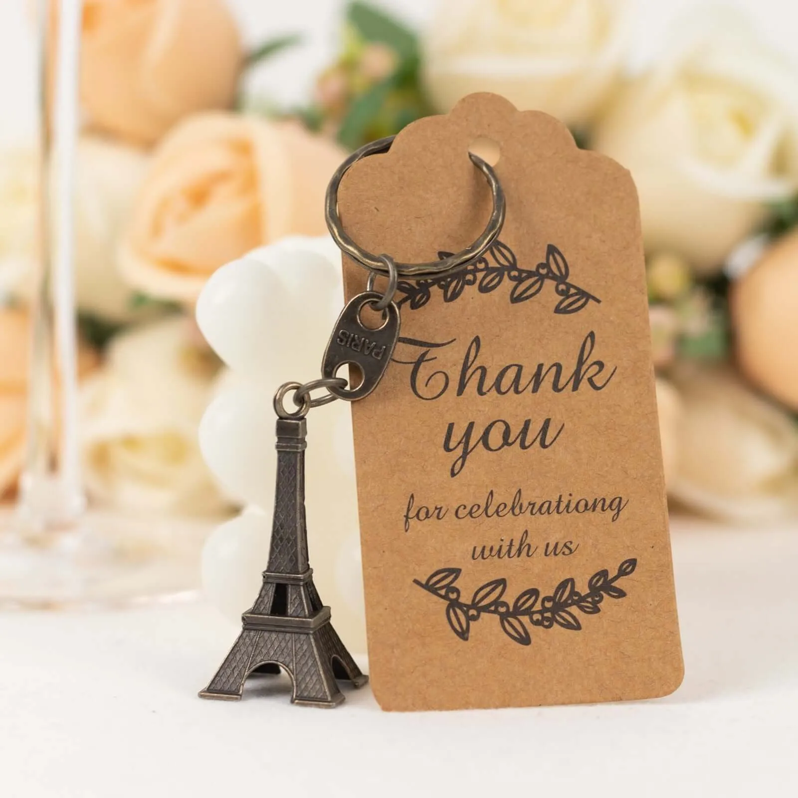 10 Pack Bronze Plastic Paris Eiffel Tower Keychain Party Favor, Wedding Bridal Shower Souvenirs With Thank You Tag - 4"