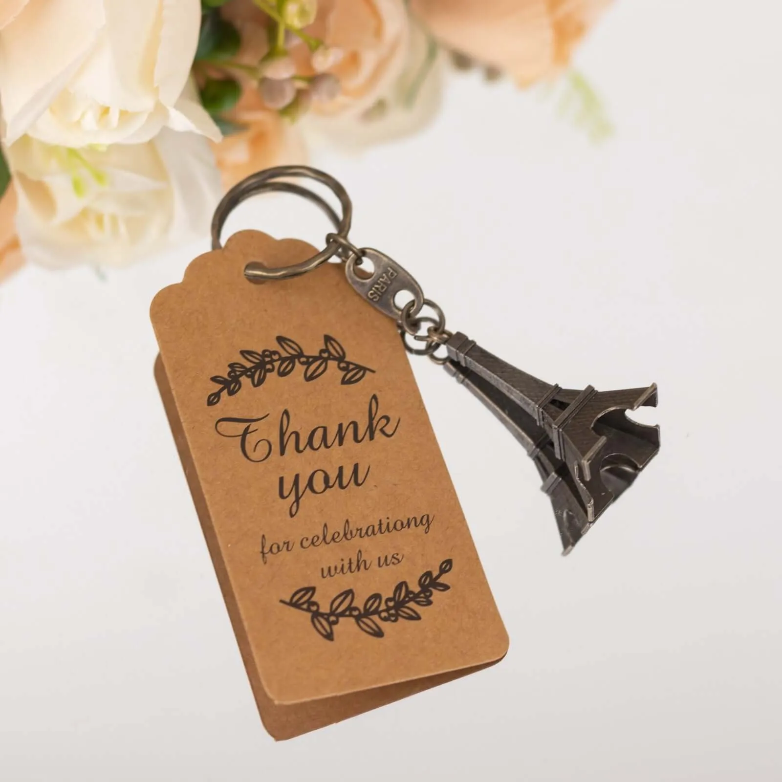 10 Pack Bronze Plastic Paris Eiffel Tower Keychain Party Favor, Wedding Bridal Shower Souvenirs With Thank You Tag - 4"