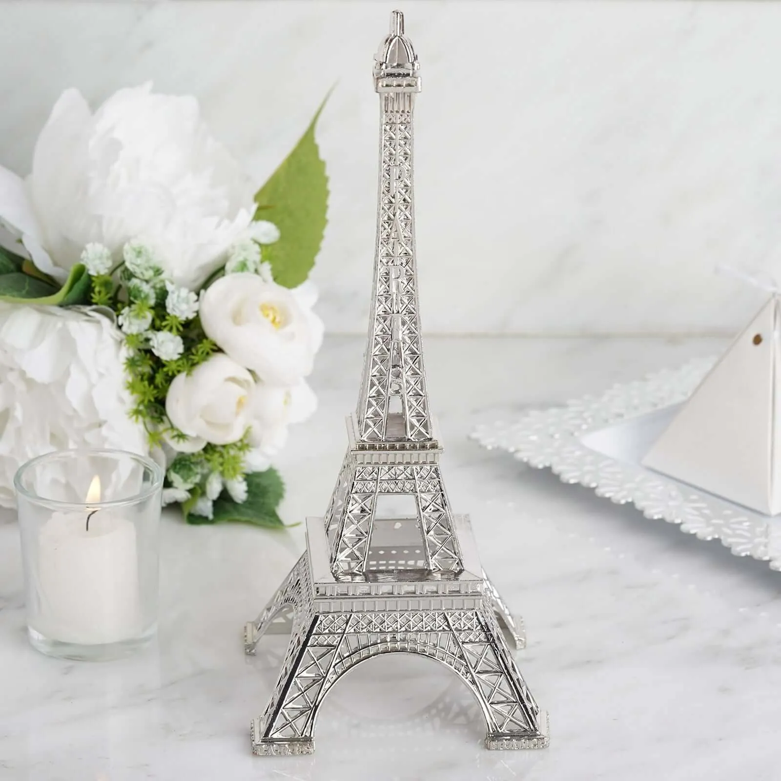 10" Silver Metal Eiffel Tower Table Centerpiece, Decorative Cake Topper