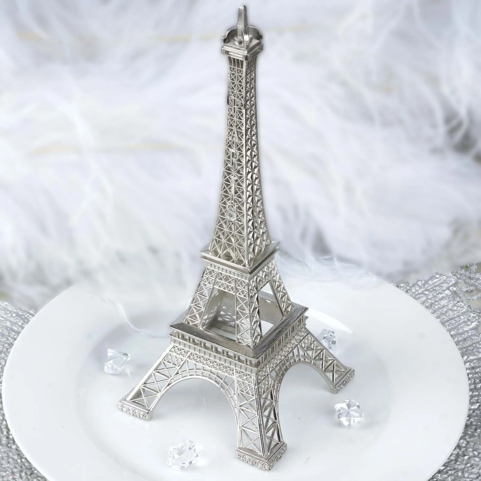 10" Silver Metal Eiffel Tower Table Centerpiece, Decorative Cake Topper