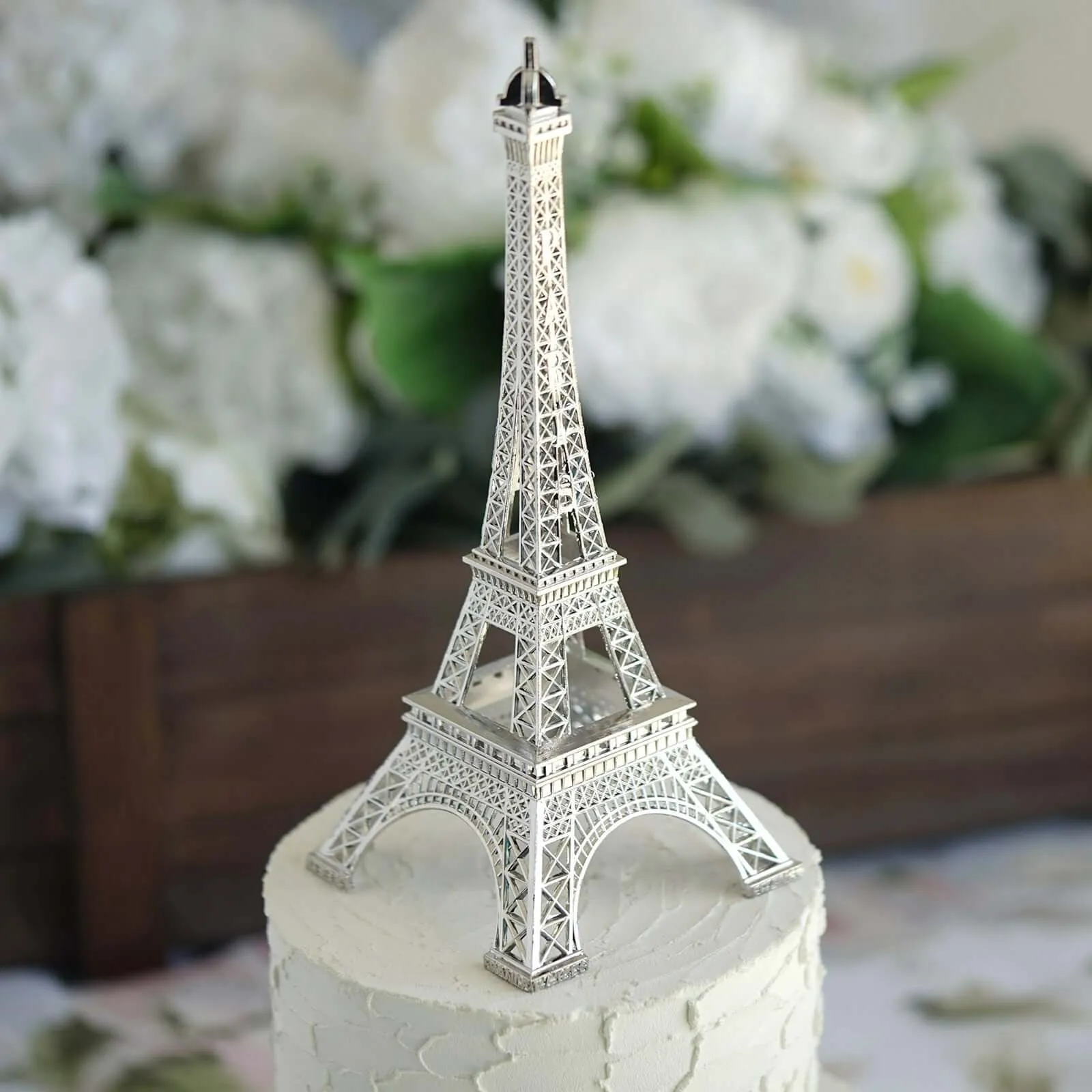 10" Silver Metal Eiffel Tower Table Centerpiece, Decorative Cake Topper