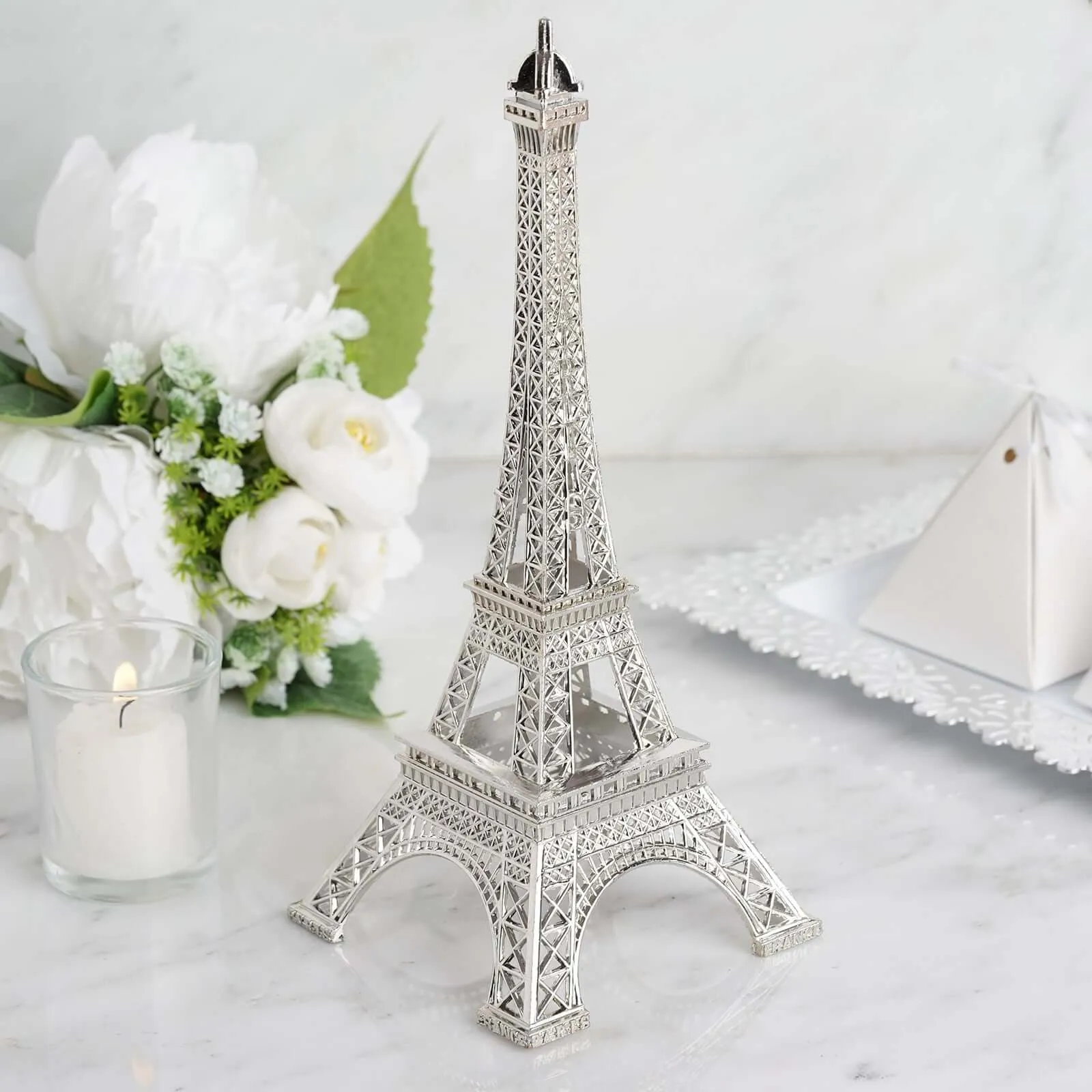 10" Silver Metal Eiffel Tower Table Centerpiece, Decorative Cake Topper