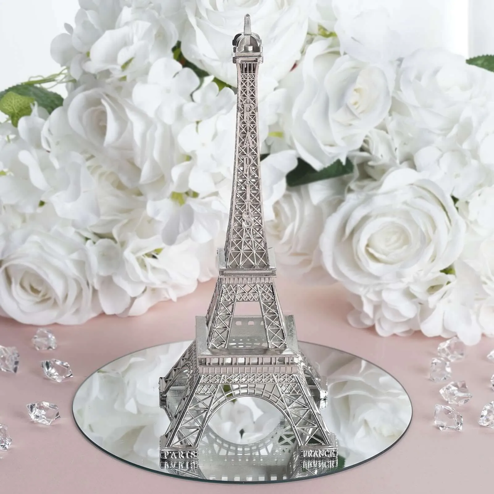 10" Silver Metal Eiffel Tower Table Centerpiece, Decorative Cake Topper