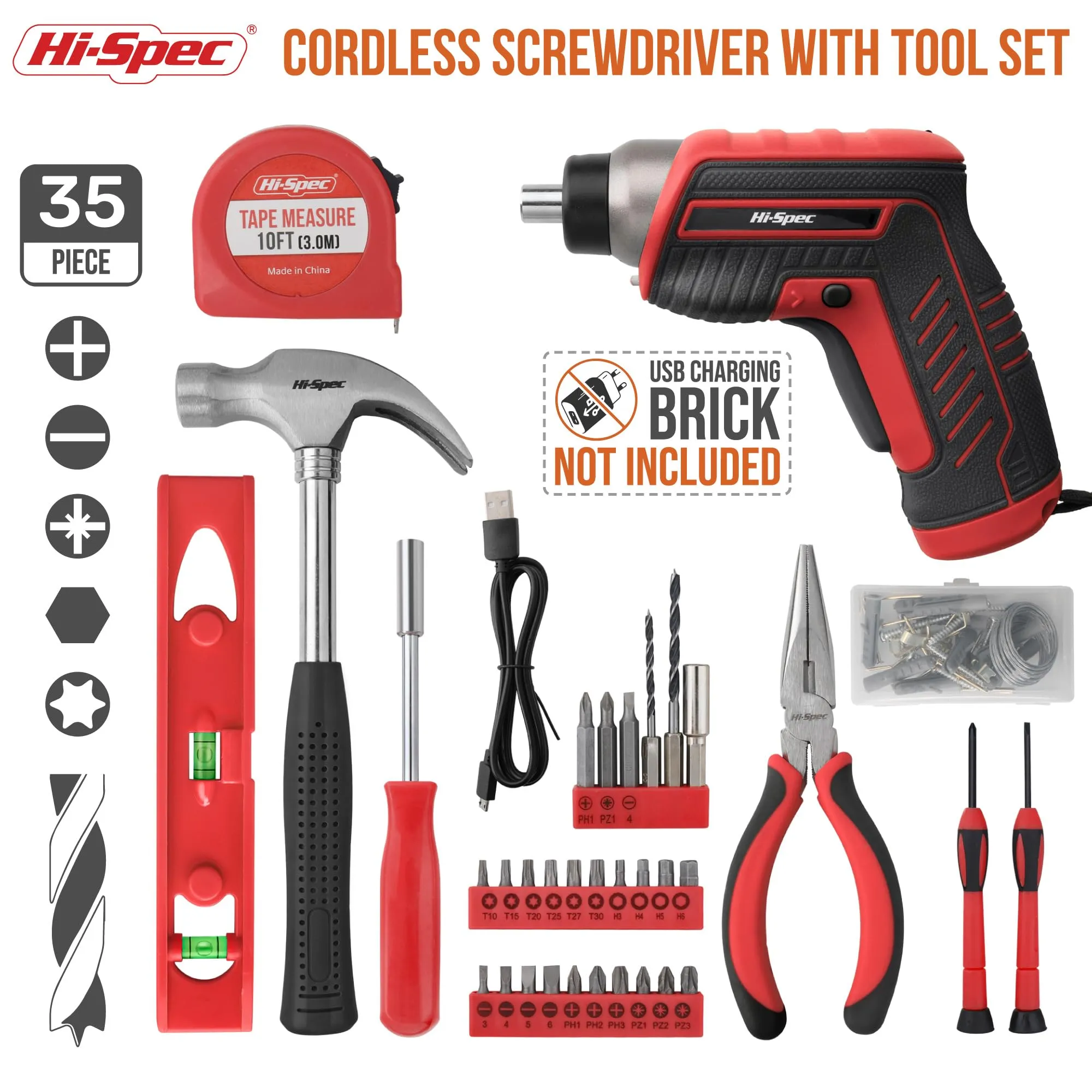 35pc Red 3.6V USB Electric Screwdriver and Home DIY Tool Kit Set for Essential Home and Office DIY Repairs