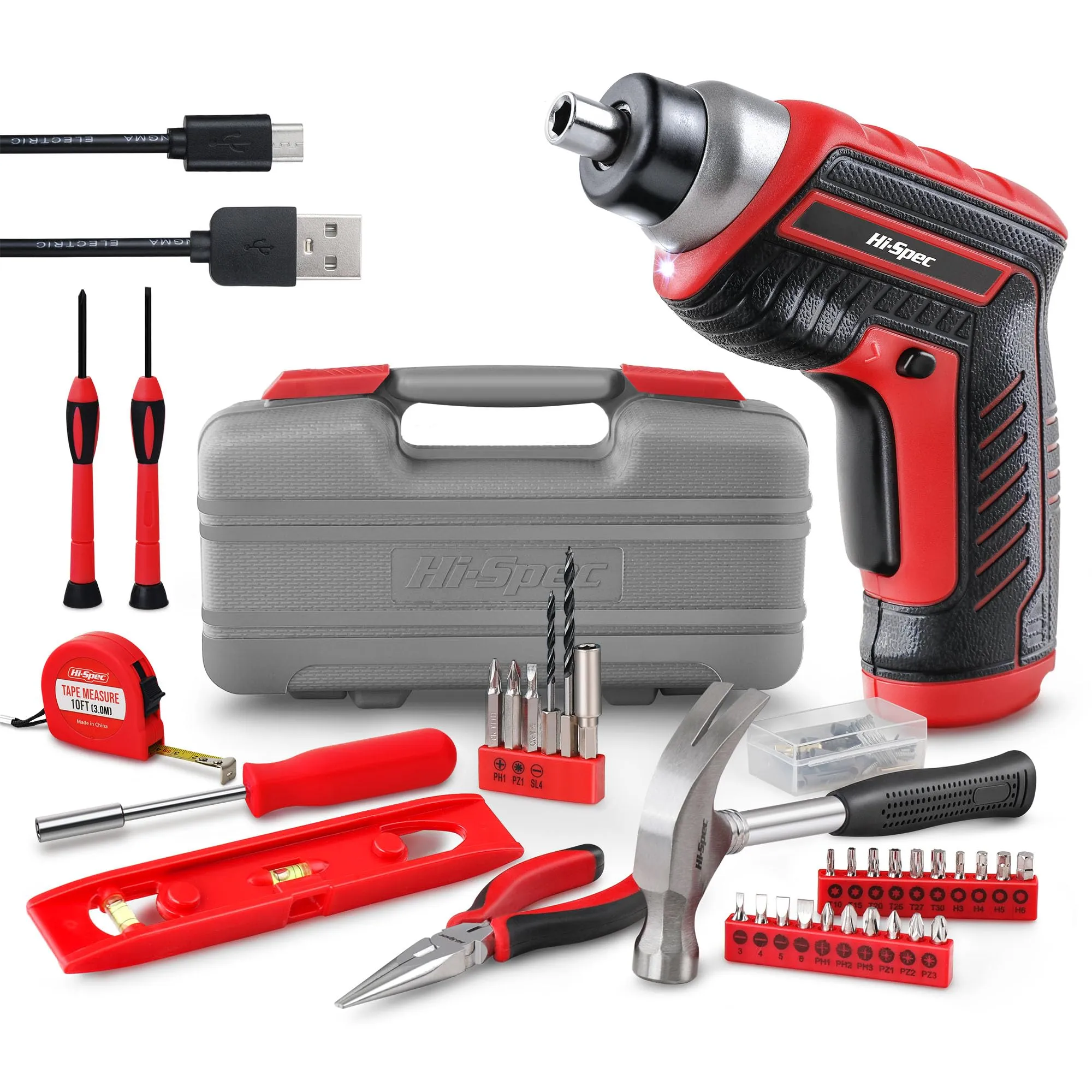 35pc Red 3.6V USB Electric Screwdriver and Home DIY Tool Kit Set for Essential Home and Office DIY Repairs