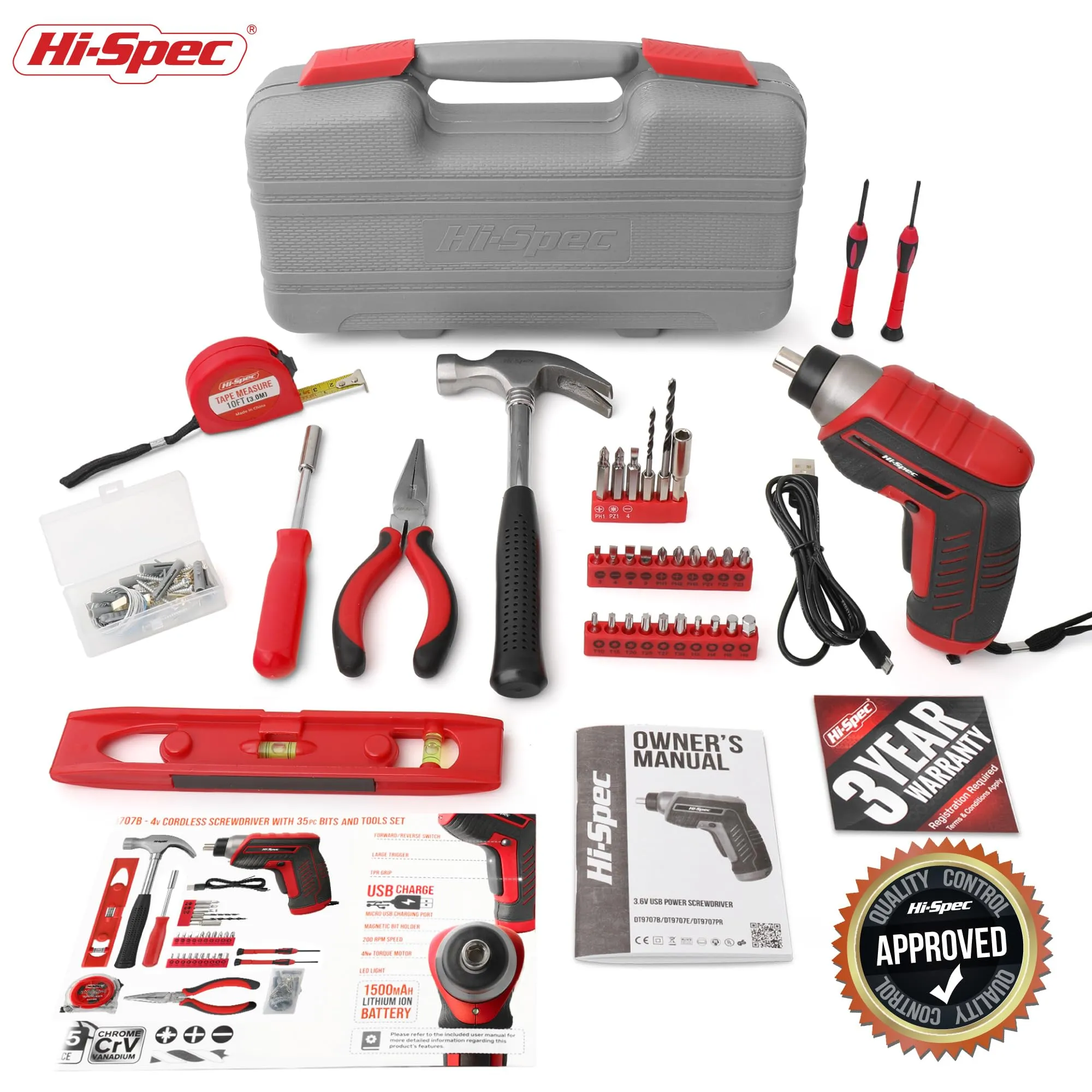 35pc Red 3.6V USB Electric Screwdriver and Home DIY Tool Kit Set for Essential Home and Office DIY Repairs