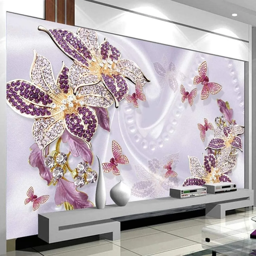 3D Wallpaper Purple Jewelry Flower Luxury Murals Decor-250x170cm