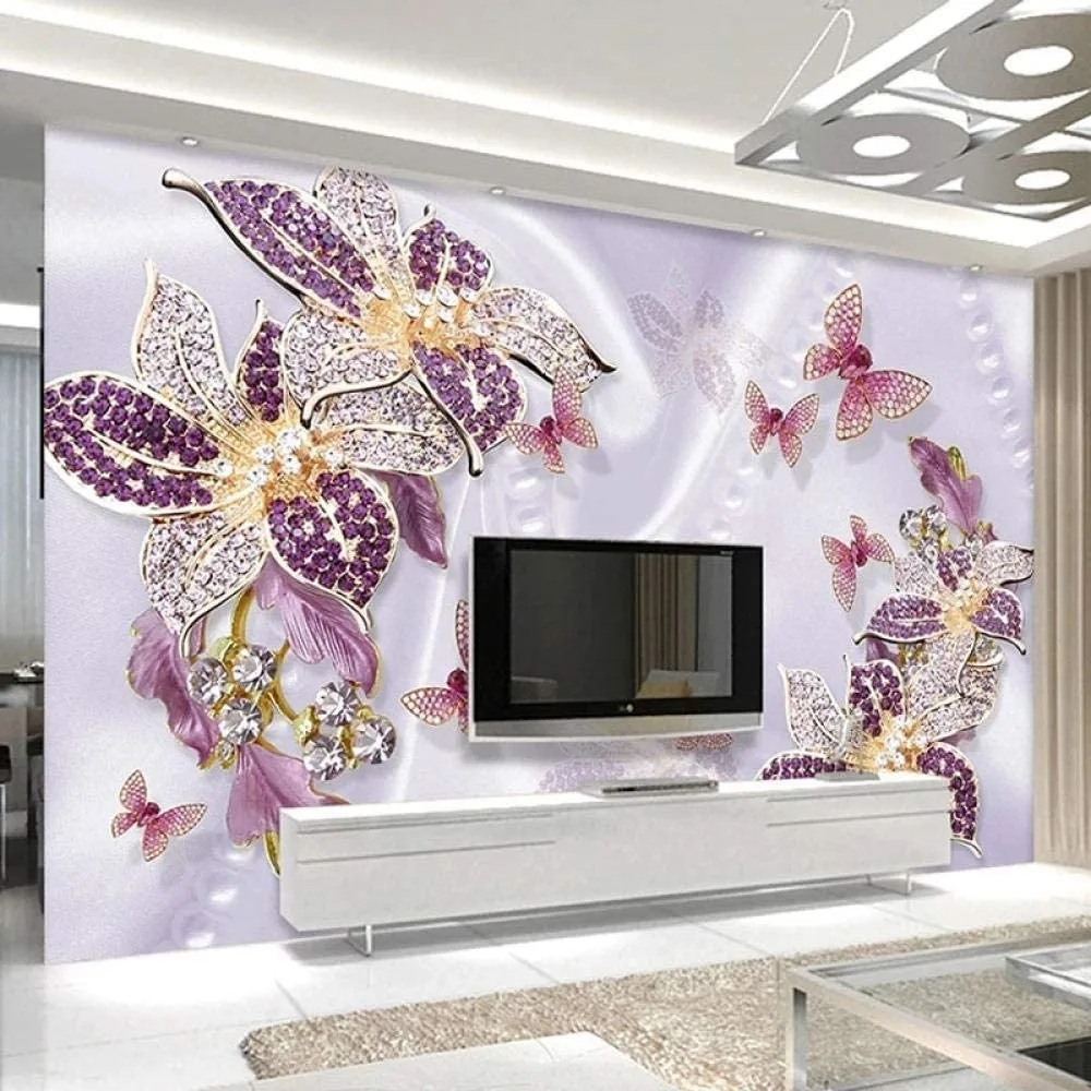 3D Wallpaper Purple Jewelry Flower Luxury Murals Decor-250x170cm