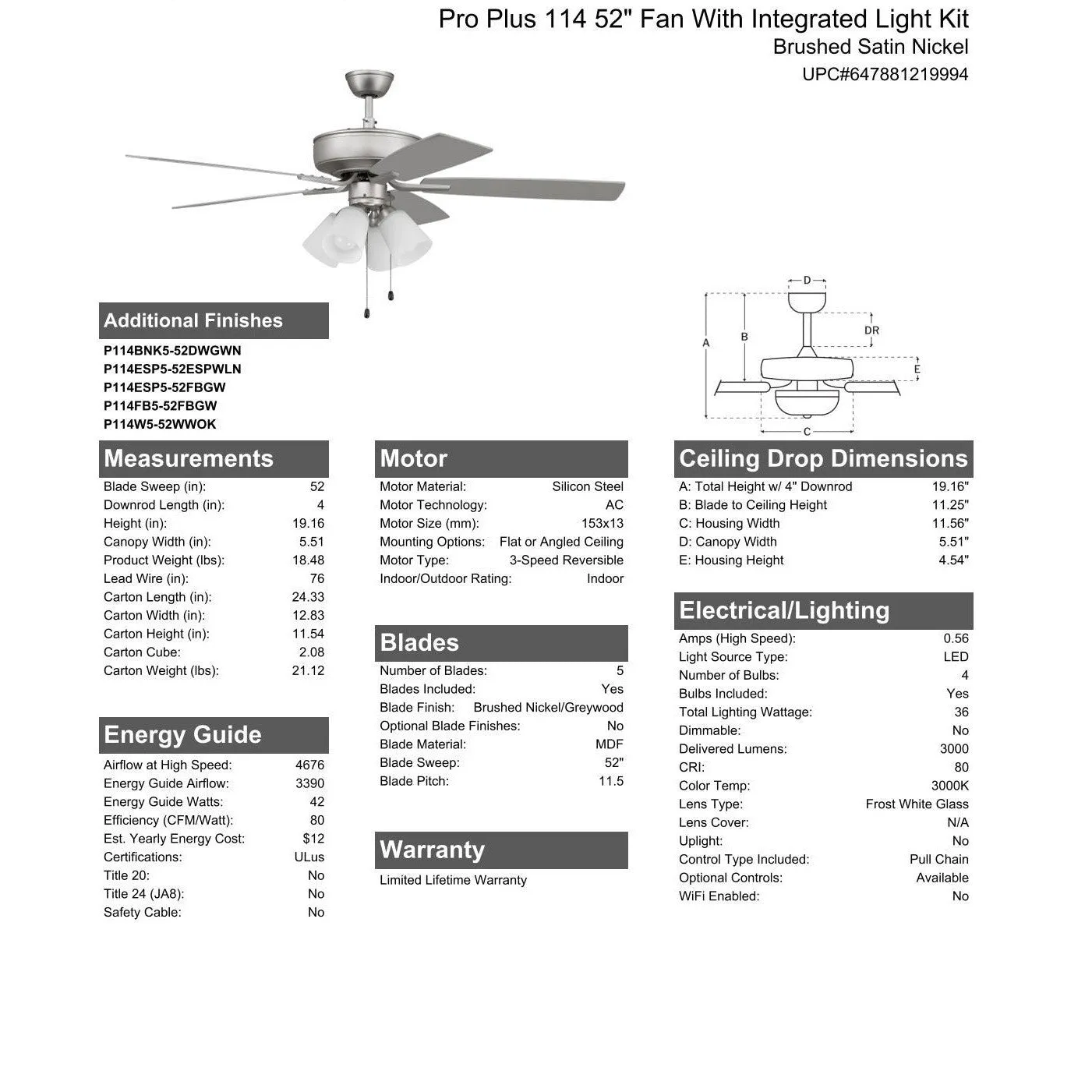 52" Pro Plus 114 in Brushed Nickel w/ Brushed Nickel/Greywood Blades