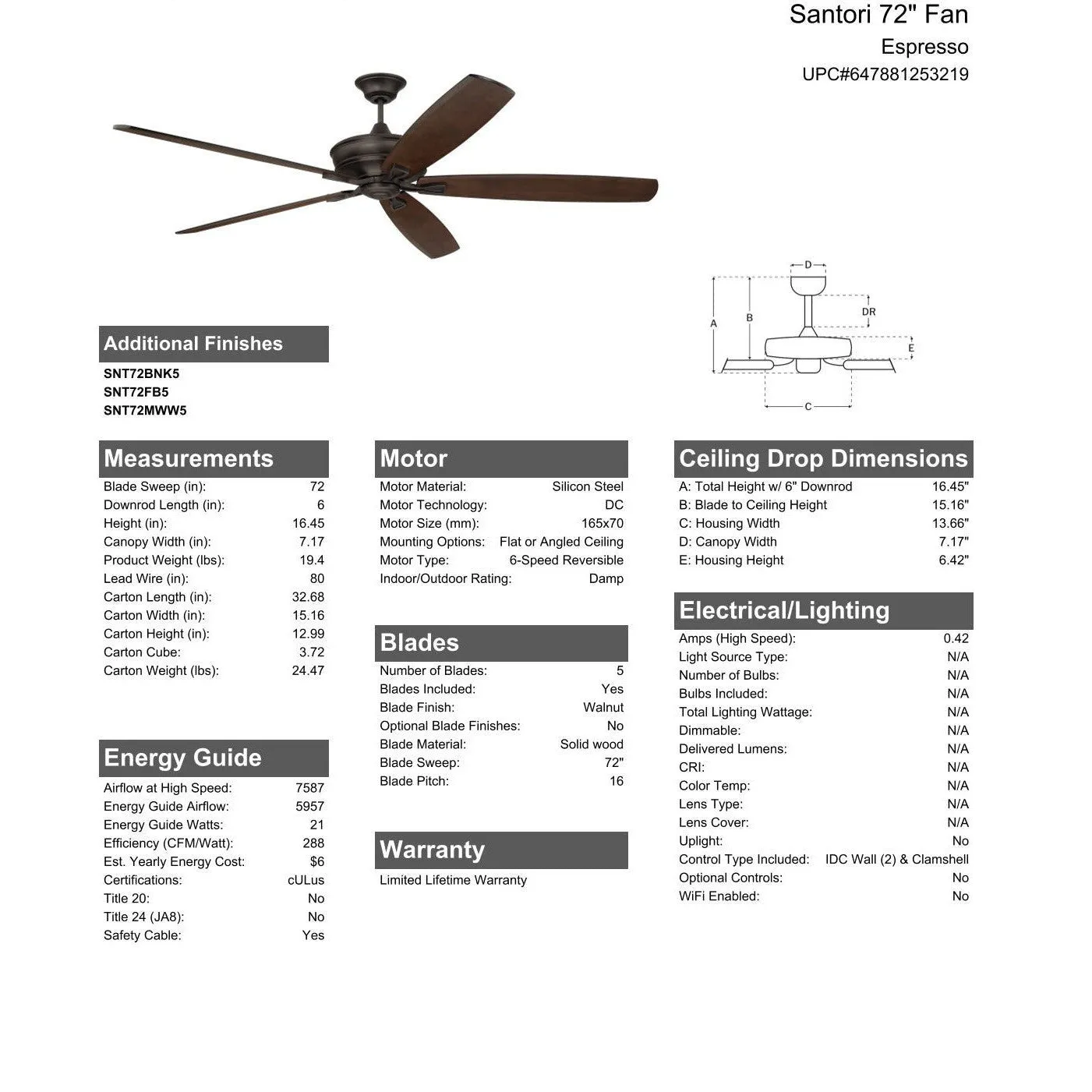 72" Santori Indoor/Outdoor (Damp) in Espresso w/ Walnut Blades