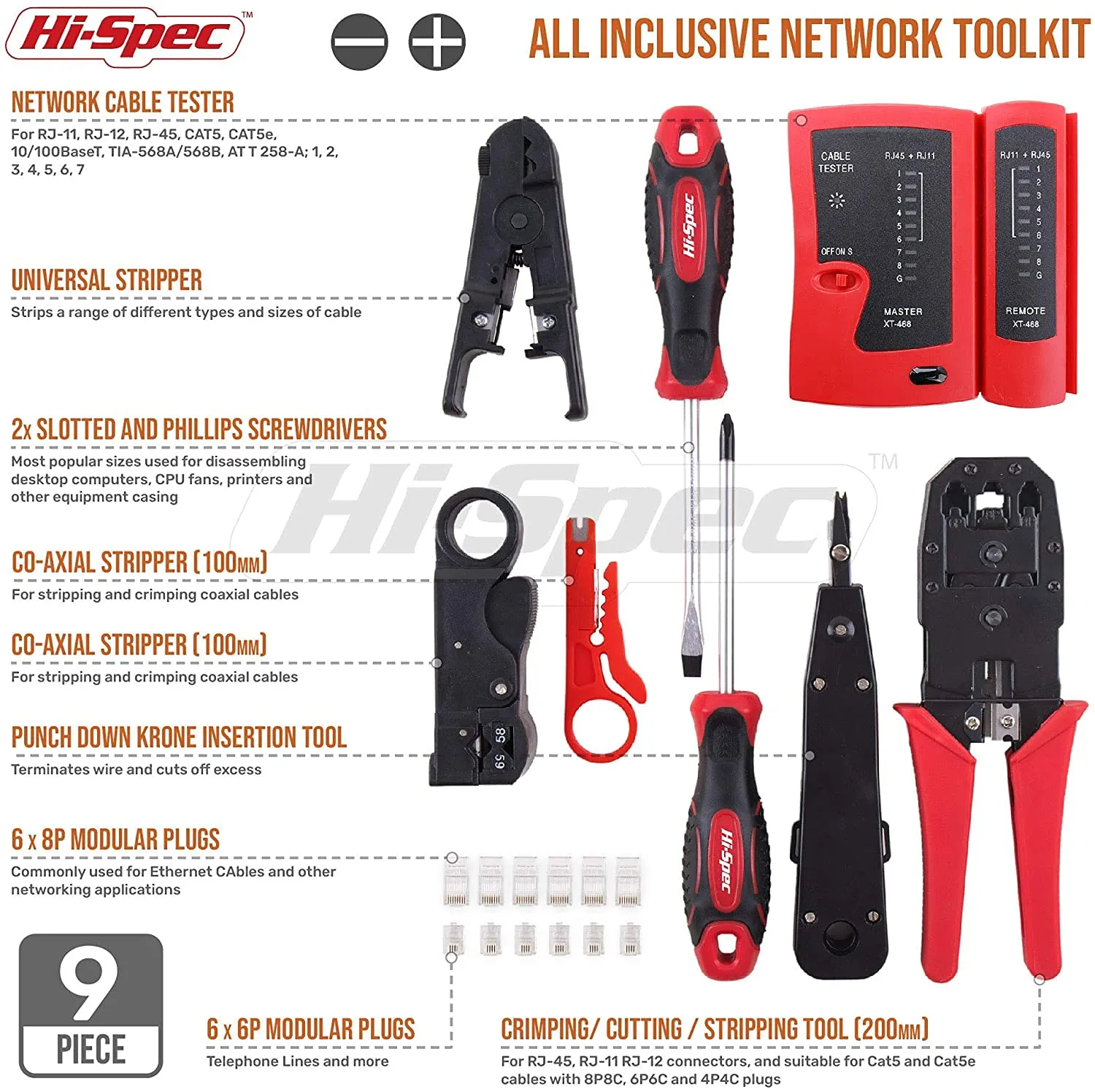 9pc Computer Network Cable Tester Tool Kit Set. Includes Crimper, Punchdown and Coax Stripper