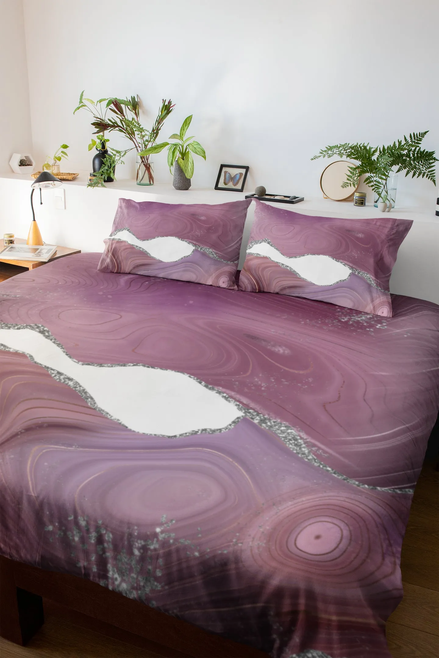 Abstract Duvet Cover | Mauve Pink, White Silver