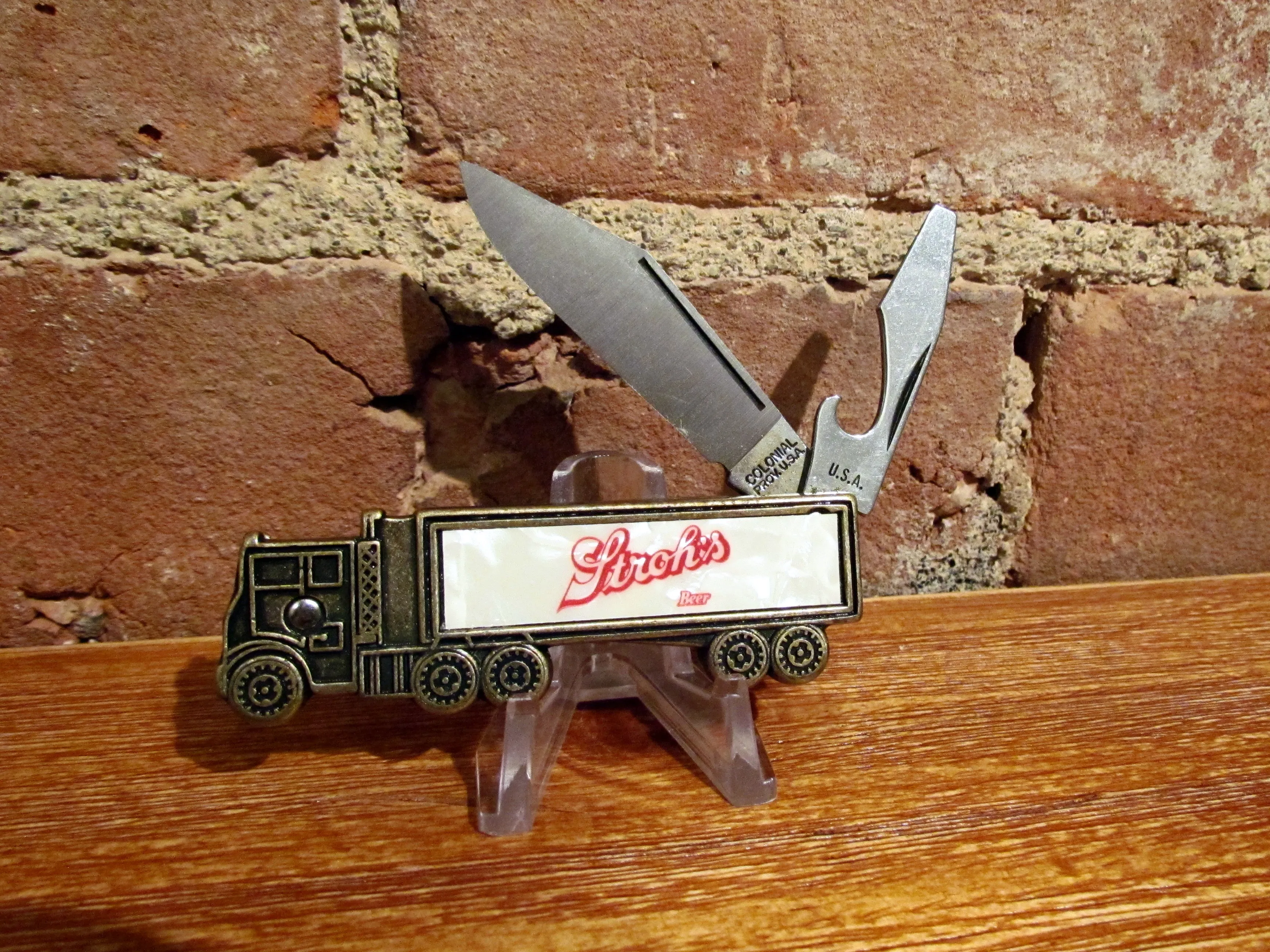 Advertising Stroh's Beer Pocket Knife Bottle Opener Vintage Figural Semi Truck