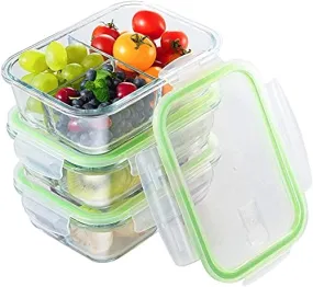 ARUZEN [-Pack]Glass Meal Prep Containers 3 Compartment with Lids, Glass Lunch Containers,Food Prep Lunch Box,Bento Box,BPA-Free, Microwave, Oven, Freezer, Dishwasher (2)