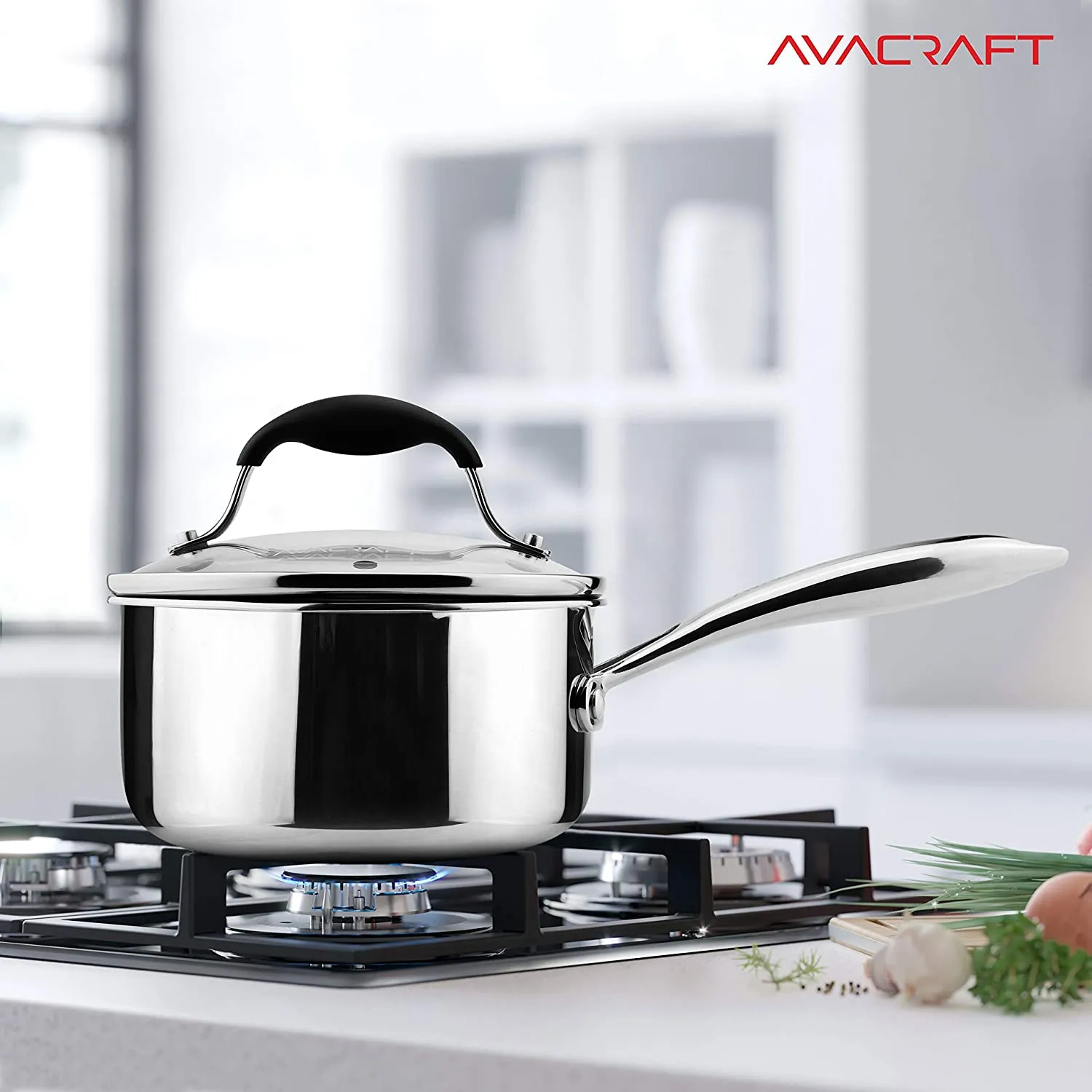 AVACRAFT Top Rated Tri-Ply Stainless Steel Saucepan with Glass Strainer Lid, Two Side Spouts, Ergonomic Handle (Tri-Ply Full Body, 1.5 Quart)