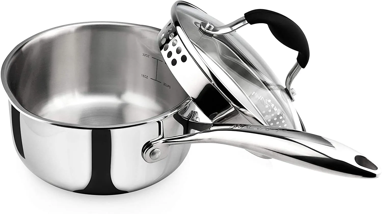 AVACRAFT Top Rated Tri-Ply Stainless Steel Saucepan with Glass Strainer Lid, Two Side Spouts, Ergonomic Handle (Tri-Ply Full Body, 1.5 Quart)