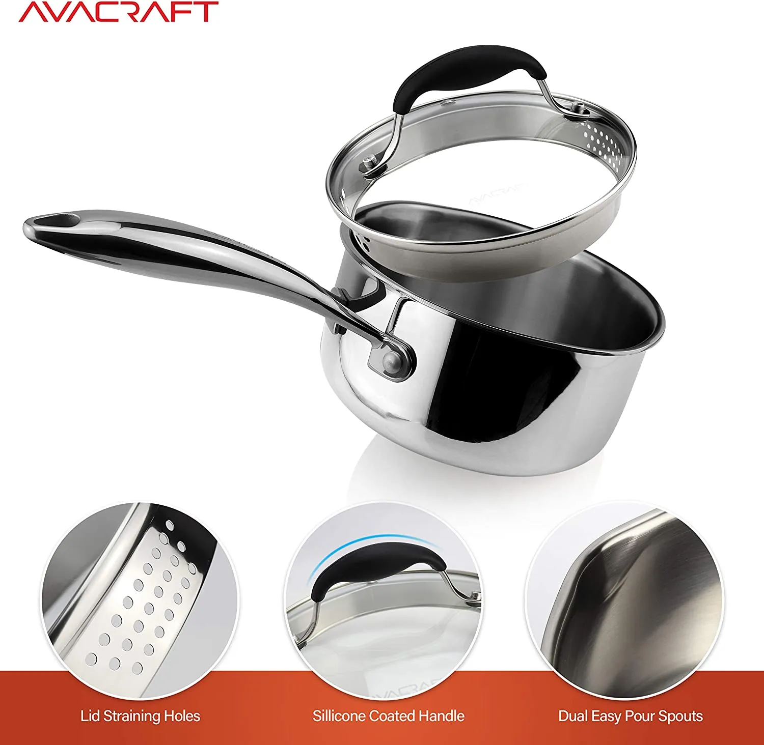 AVACRAFT Top Rated Tri-Ply Stainless Steel Saucepan with Glass Strainer Lid, Two Side Spouts, Ergonomic Handle (Tri-Ply Full Body, 1.5 Quart)