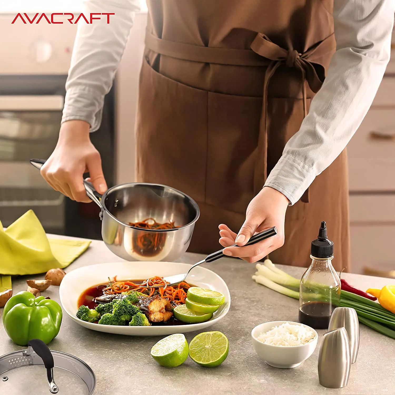 AVACRAFT Top Rated Tri-Ply Stainless Steel Saucepan with Glass Strainer Lid, Two Side Spouts, Ergonomic Handle (Tri-Ply Full Body, 1.5 Quart)