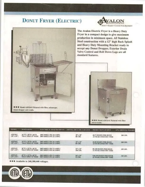 Avalon (ADF26-E-3) 18" X 26" Donut Fryer, Electric (3 phase) Right Side Drain Board with Submerger Screen