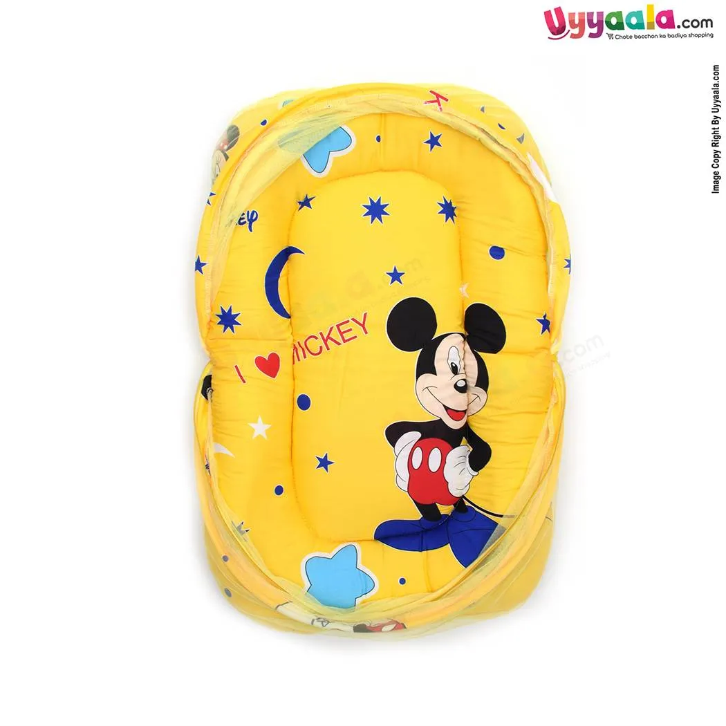 Baby Bedding Set with Mosquito Protection Net & Pillow Cotton, Mickey Mouse Print  0 to 12m age, Yellow