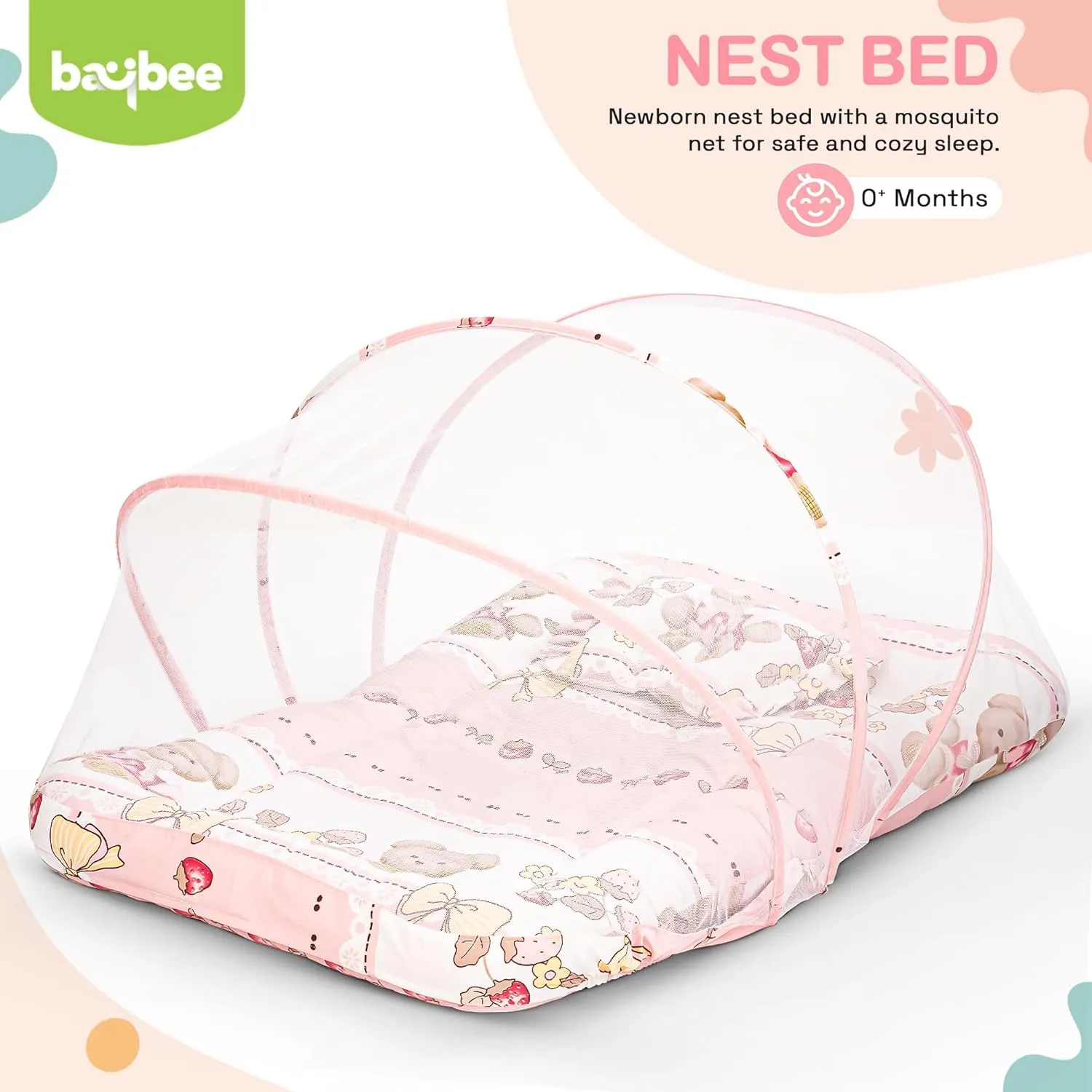 BAYBEE Baby Bedding Set for New Born Baby, Bed Mattress with Mosquito Net, Neck Pillow & 2 Bolsters Sleeping Nest Travel Bed for Baby Infant Toddler Bed Set for Baby