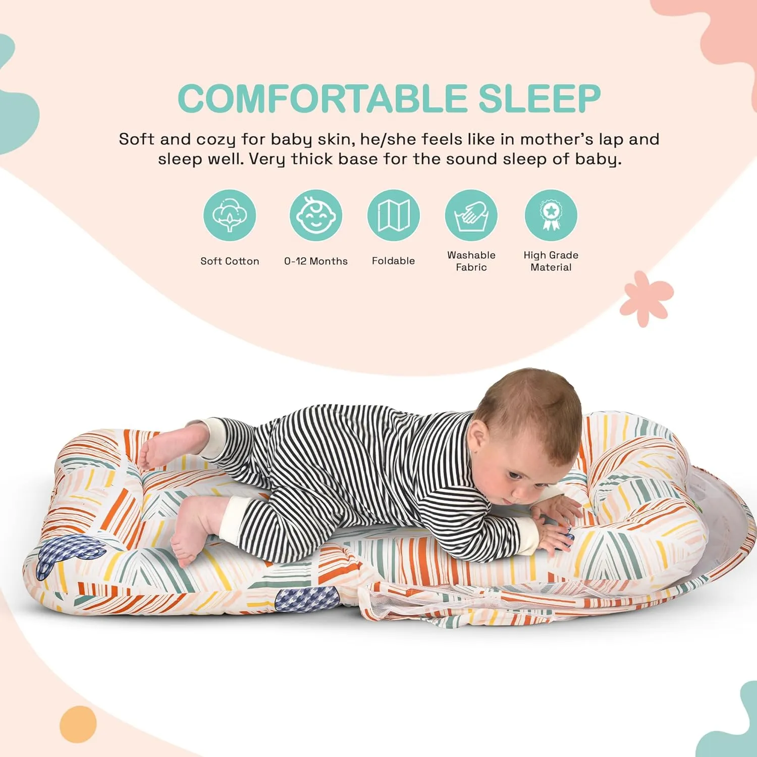 BAYBEE Baby Bedding Set for New Born Baby, Bed Mattress with Mosquito Net, Neck Pillow & 2 Bolsters Sleeping Nest Travel Bed for Baby Infant Toddler Bed Set for Baby