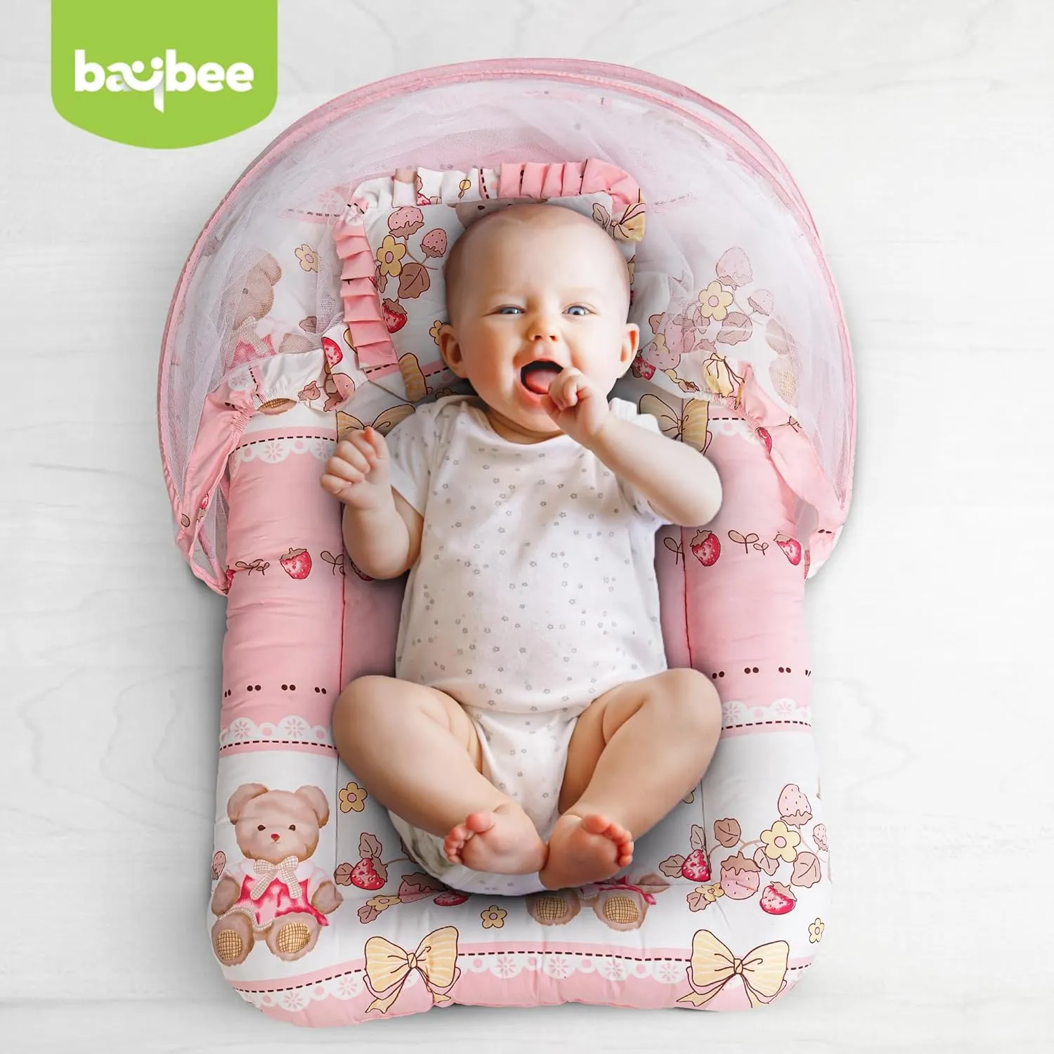 BAYBEE Baby Bedding Set for New Born Baby, Bed Mattress with Mosquito Net, Neck Pillow & 2 Bolsters Sleeping Nest Travel Bed for Baby Infant Toddler Bed Set for Baby