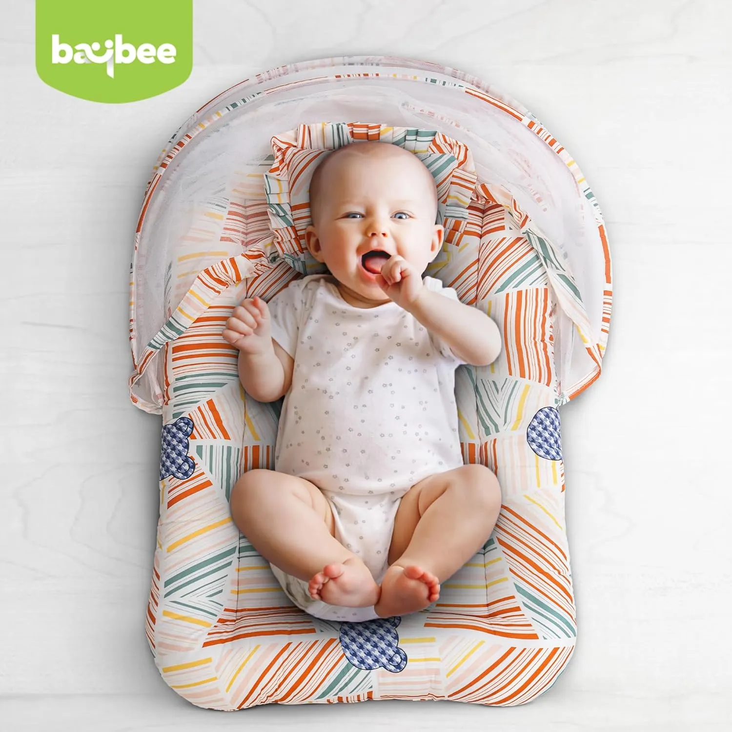 BAYBEE Baby Bedding Set for New Born Baby, Bed Mattress with Mosquito Net, Neck Pillow & 2 Bolsters Sleeping Nest Travel Bed for Baby Infant Toddler Bed Set for Baby