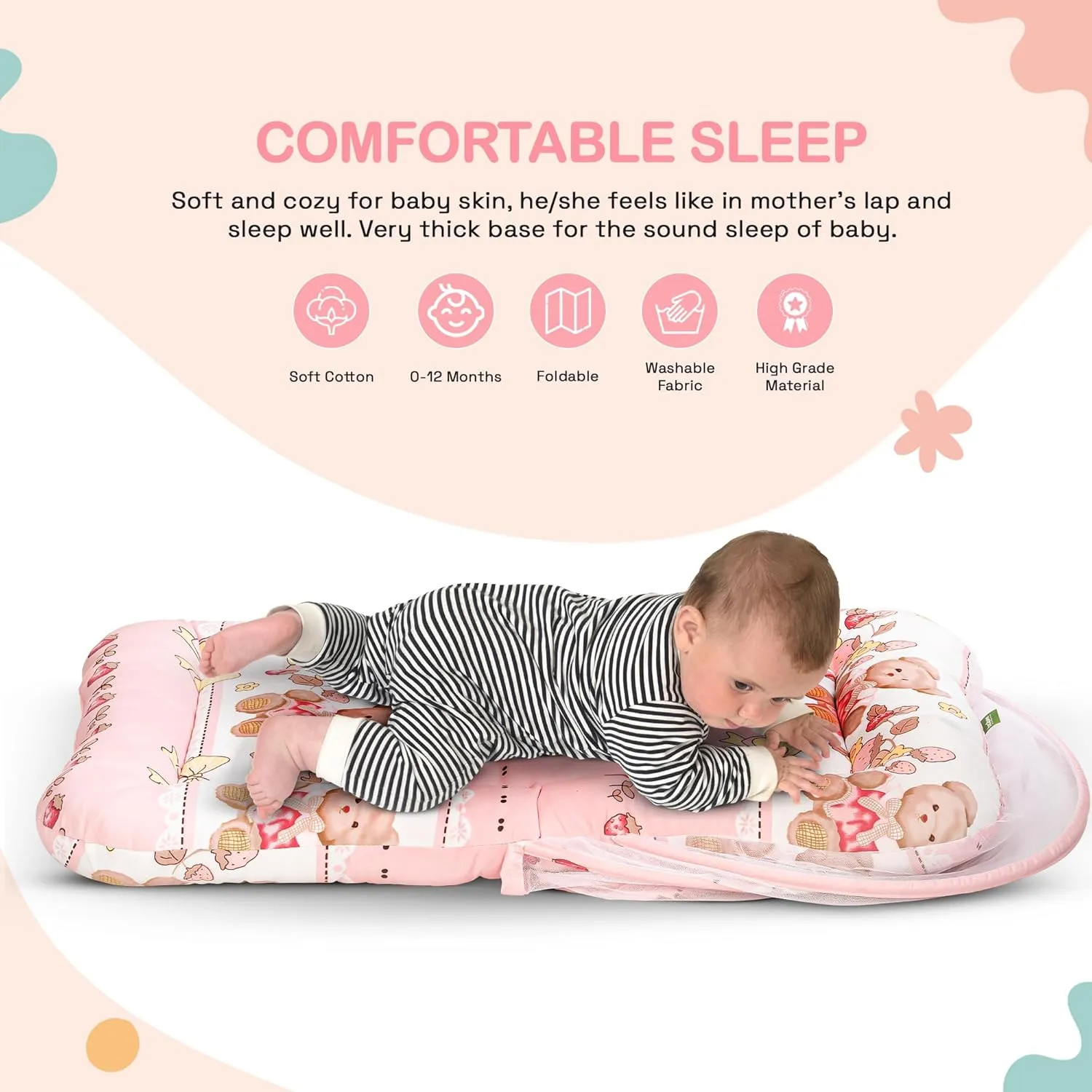 BAYBEE Baby Bedding Set for New Born Baby, Bed Mattress with Mosquito Net, Neck Pillow & 2 Bolsters Sleeping Nest Travel Bed for Baby Infant Toddler Bed Set for Baby