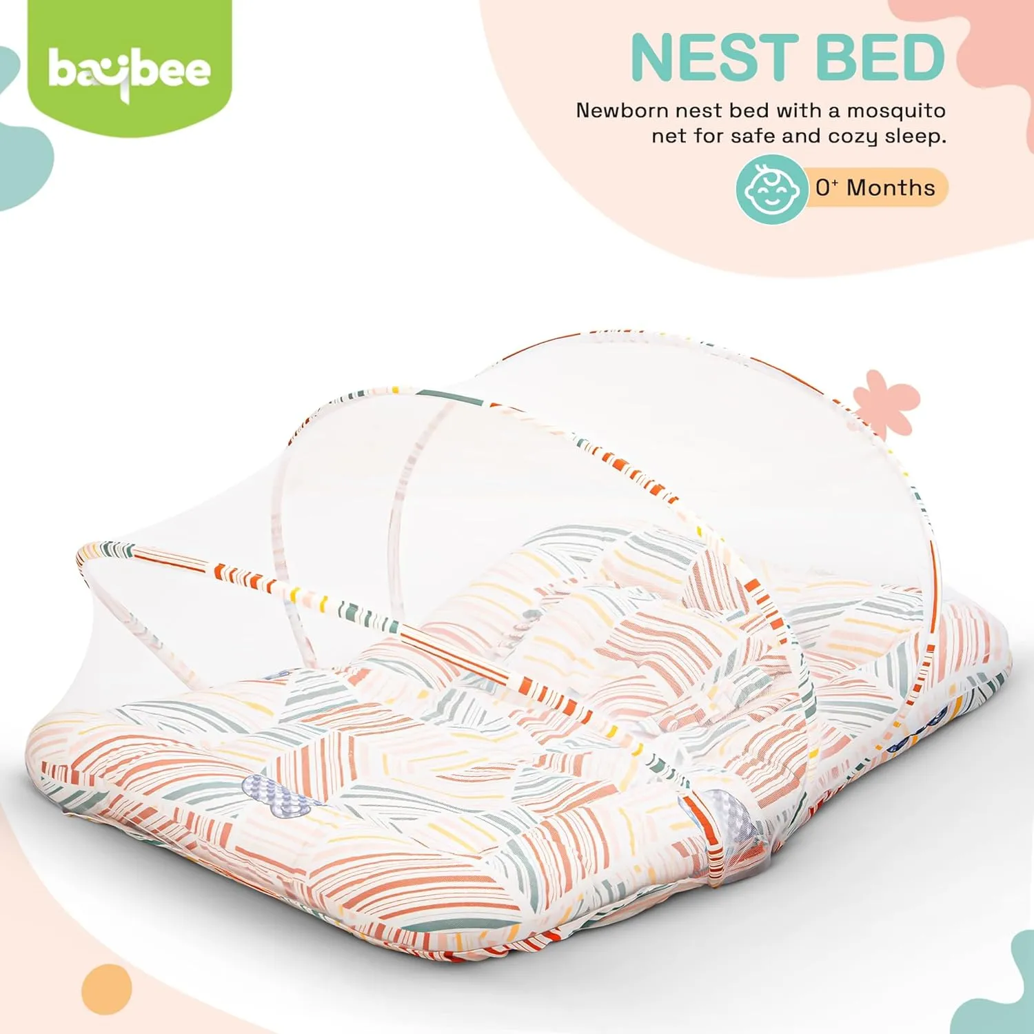 BAYBEE Baby Bedding Set for New Born Baby, Bed Mattress with Mosquito Net, Neck Pillow & 2 Bolsters Sleeping Nest Travel Bed for Baby Infant Toddler Bed Set for Baby