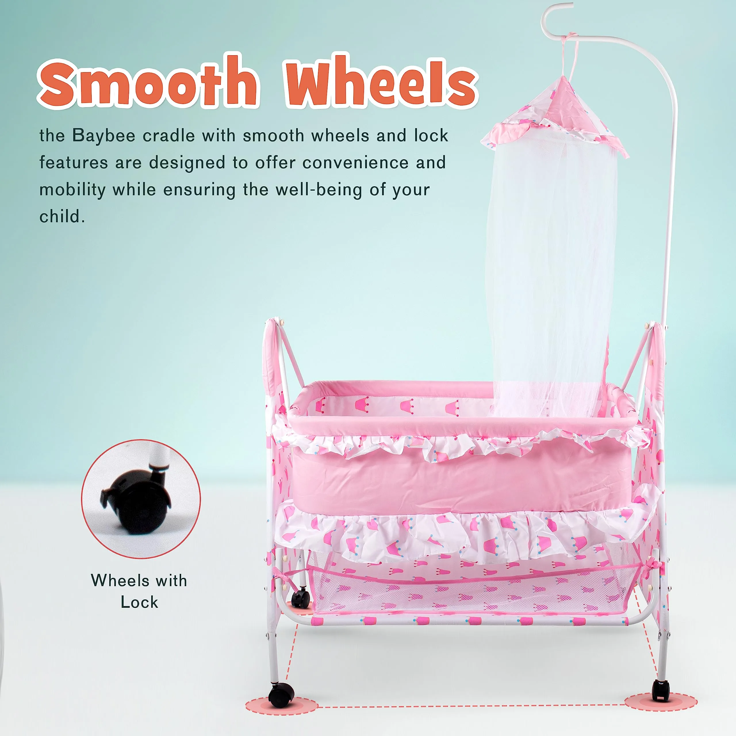 Baybee Fuffy Baby Swing Cradle for Newborn Baby with Mosquito Net, Storage & Wheels