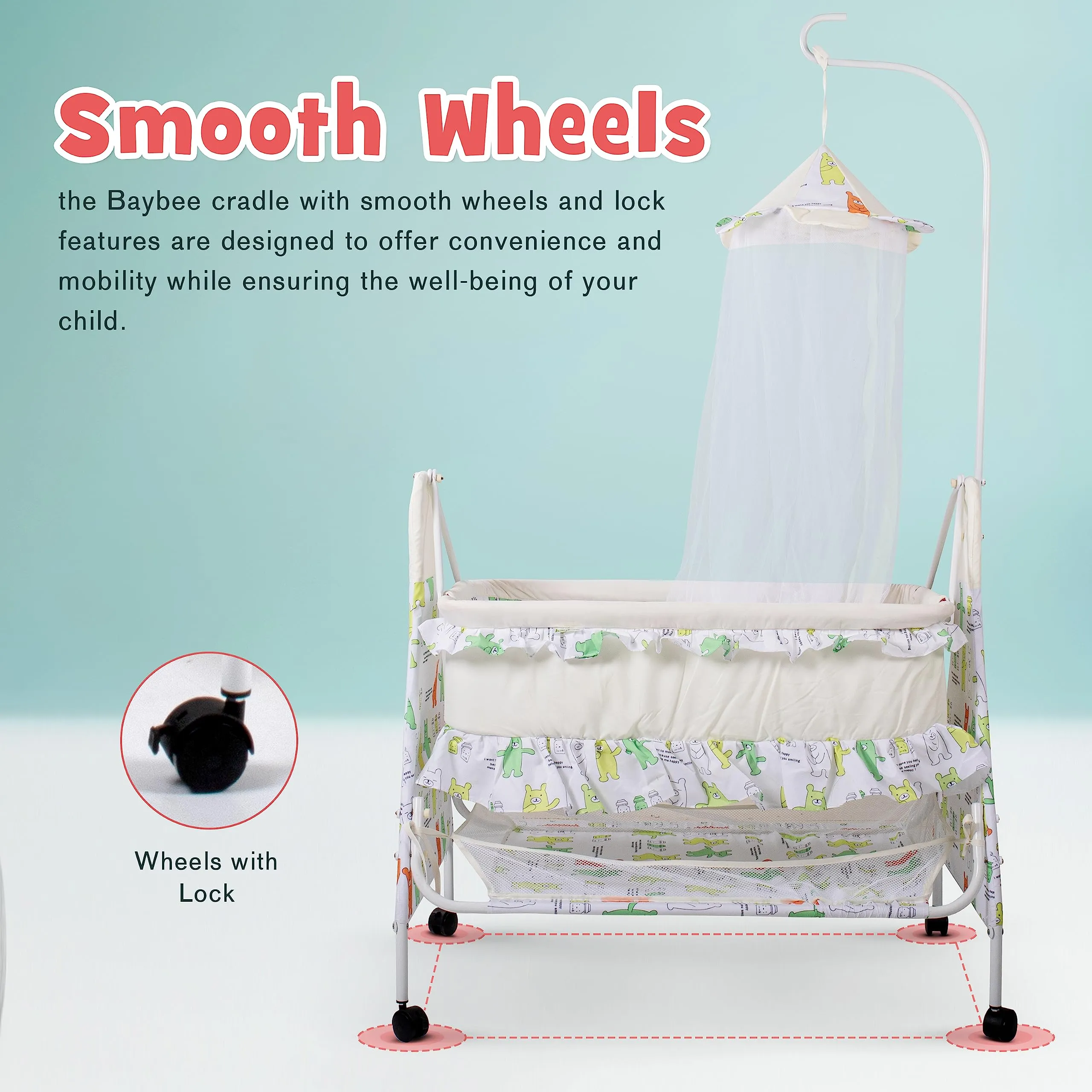 Baybee Fuffy Baby Swing Cradle for Newborn Baby with Mosquito Net, Storage & Wheels