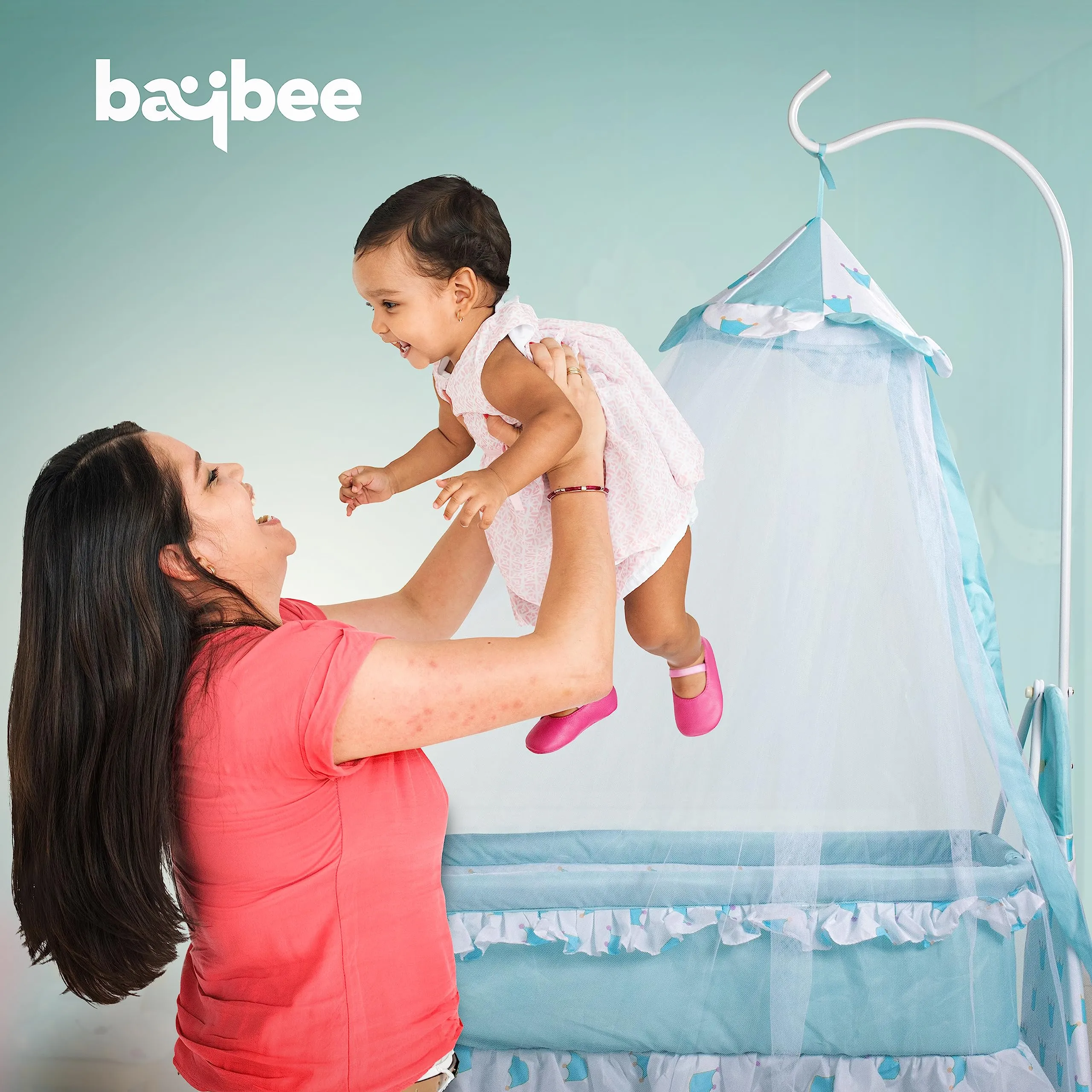 Baybee Fuffy Baby Swing Cradle for Newborn Baby with Mosquito Net, Storage & Wheels