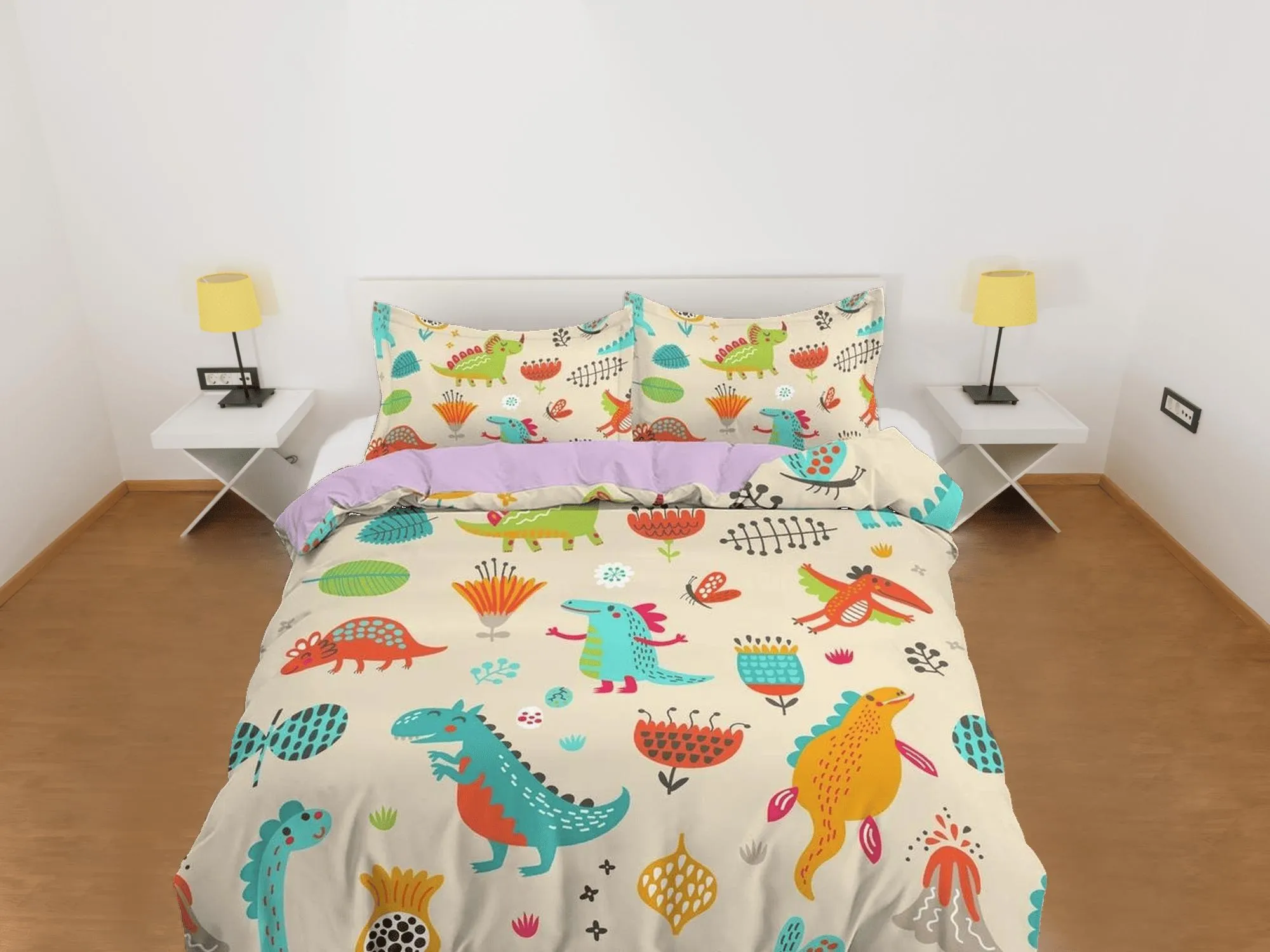 Beige dinosaur bedding, kids bedding full, cute duvet cover set, dinosaur nursery bed decor, colorful bedding, baby dinosaur, toddler