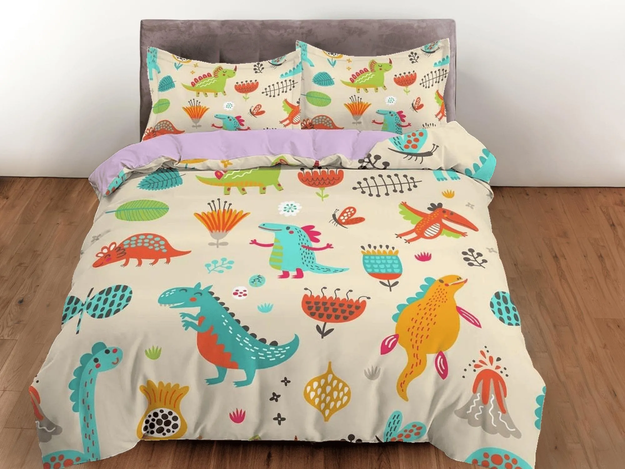 Beige dinosaur bedding, kids bedding full, cute duvet cover set, dinosaur nursery bed decor, colorful bedding, baby dinosaur, toddler