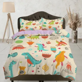 Beige dinosaur bedding, kids bedding full, cute duvet cover set, dinosaur nursery bed decor, colorful bedding, baby dinosaur, toddler