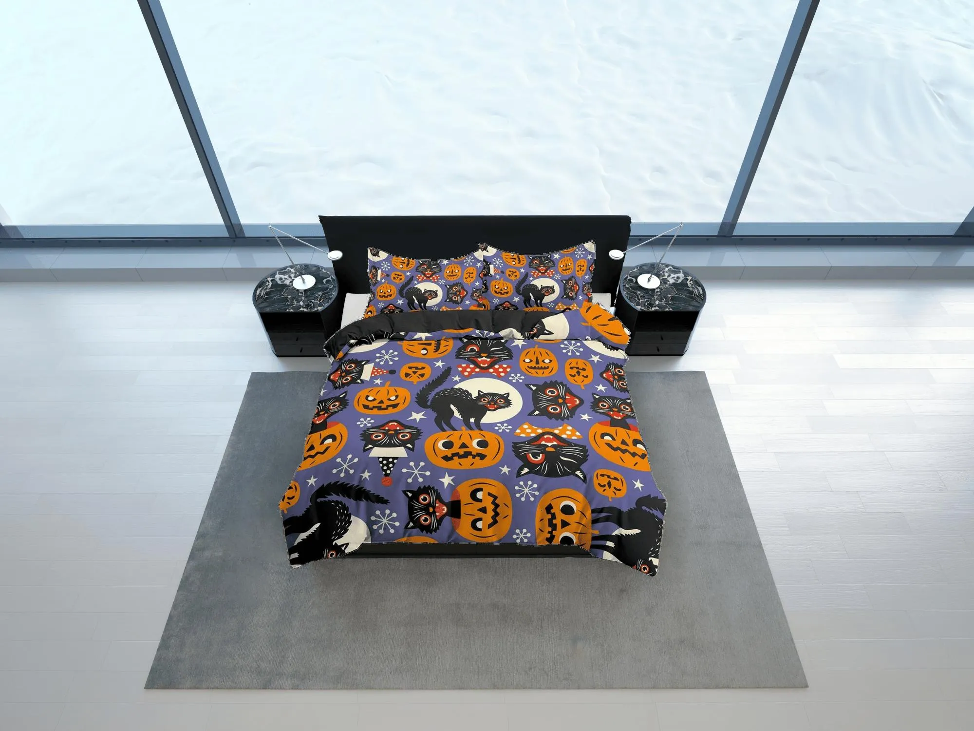 Black cat and pumpkin halloween bedding & pillowcase, periwinkle purple duvet cover set dorm bedding, nursery toddler bedding halloween gift