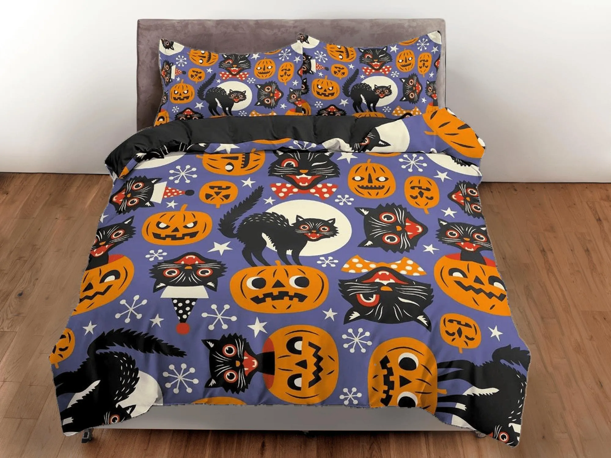 Black cat and pumpkin halloween bedding & pillowcase, periwinkle purple duvet cover set dorm bedding, nursery toddler bedding halloween gift