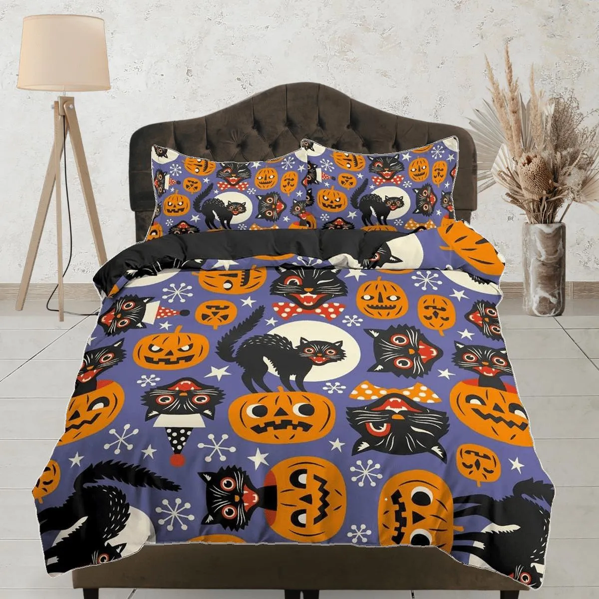 Black cat and pumpkin halloween bedding & pillowcase, periwinkle purple duvet cover set dorm bedding, nursery toddler bedding halloween gift