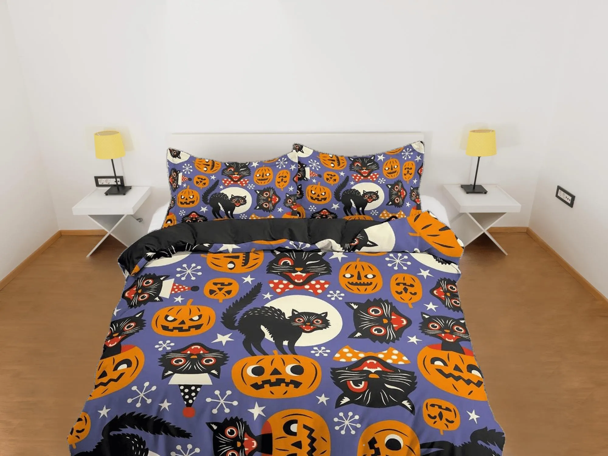 Black cat and pumpkin halloween bedding & pillowcase, periwinkle purple duvet cover set dorm bedding, nursery toddler bedding halloween gift