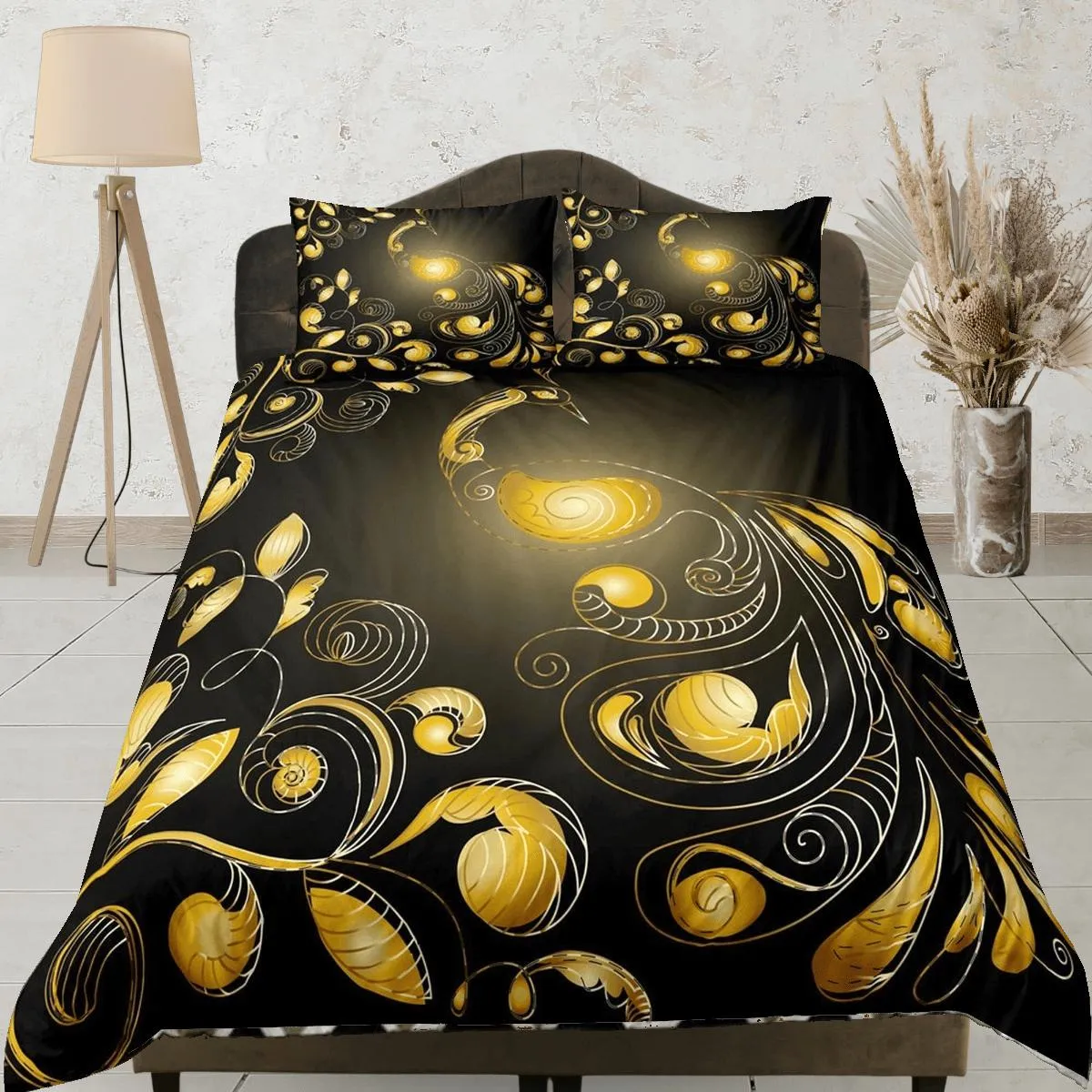 Black duvet cover yellow peacock glowing decor aesthetic bedding set full, luxury duvet queen, king, boho duvet, designer bedding, bedspread