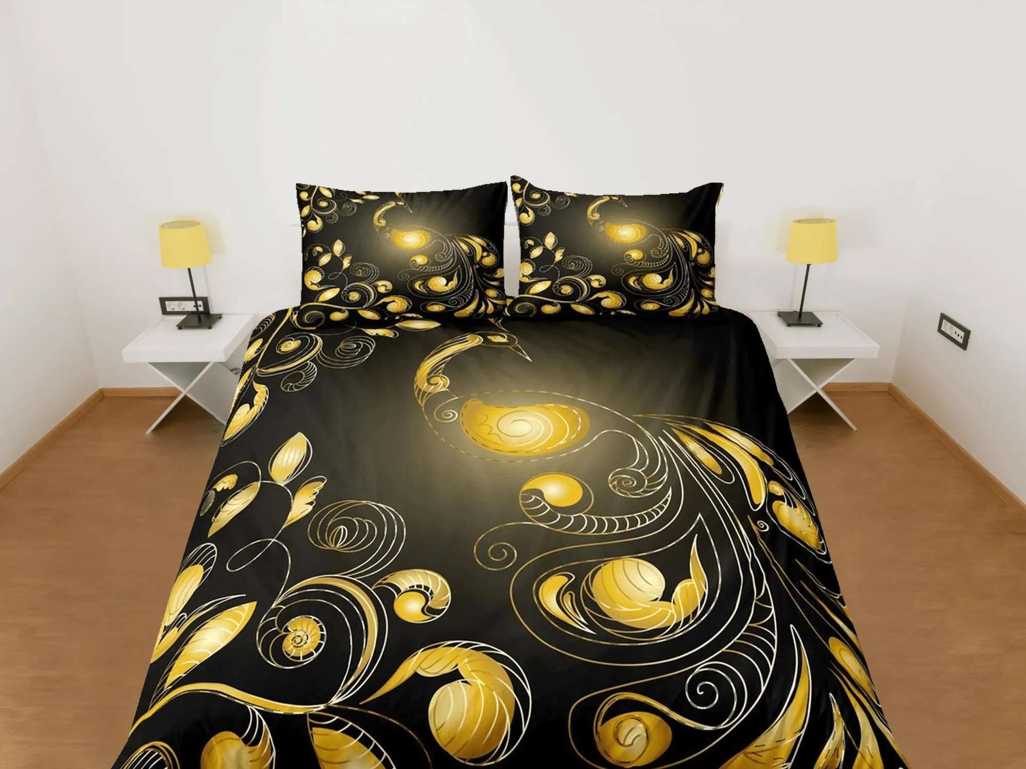 Black duvet cover yellow peacock glowing decor aesthetic bedding set full, luxury duvet queen, king, boho duvet, designer bedding, bedspread