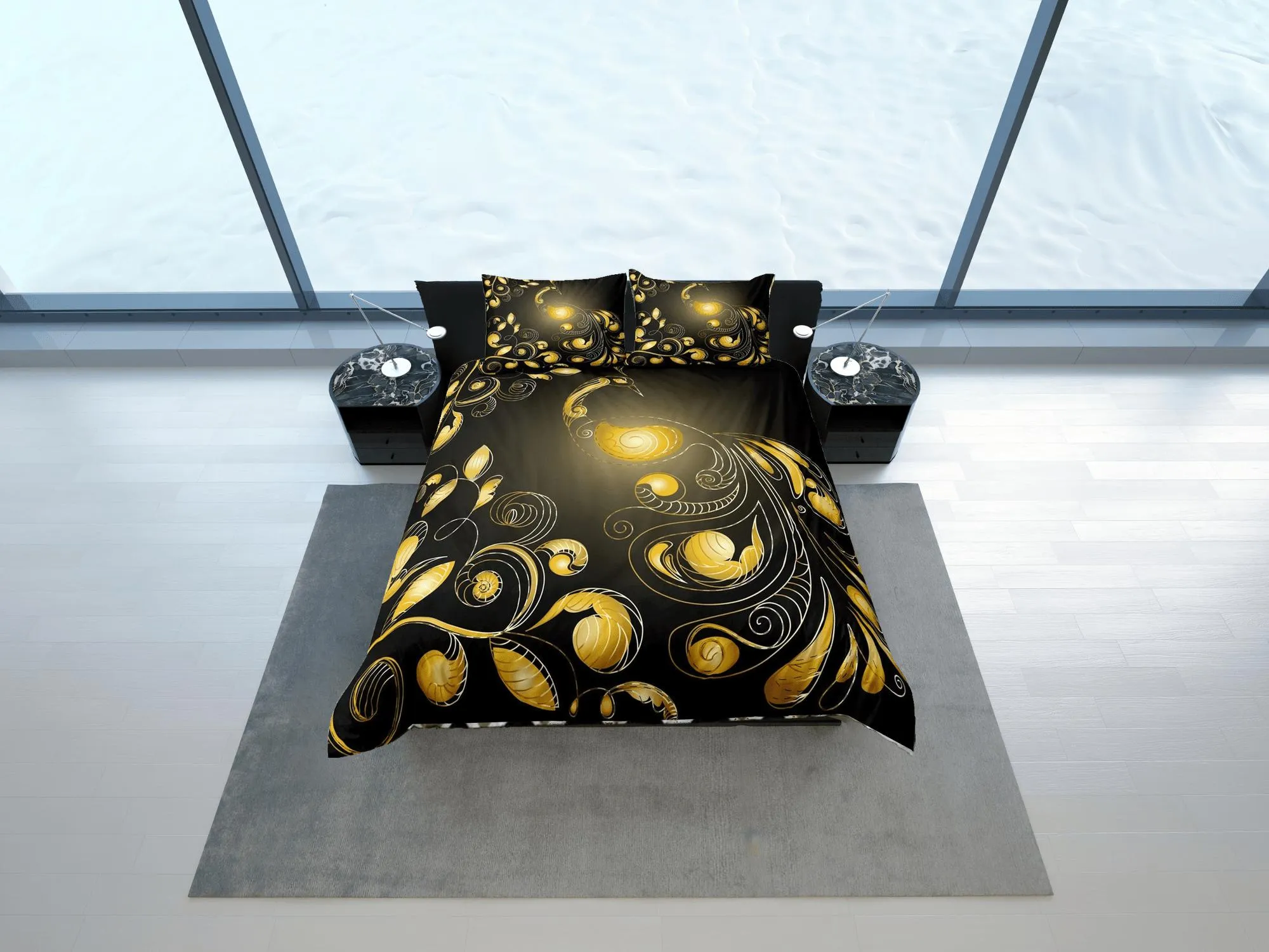 Black duvet cover yellow peacock glowing decor aesthetic bedding set full, luxury duvet queen, king, boho duvet, designer bedding, bedspread