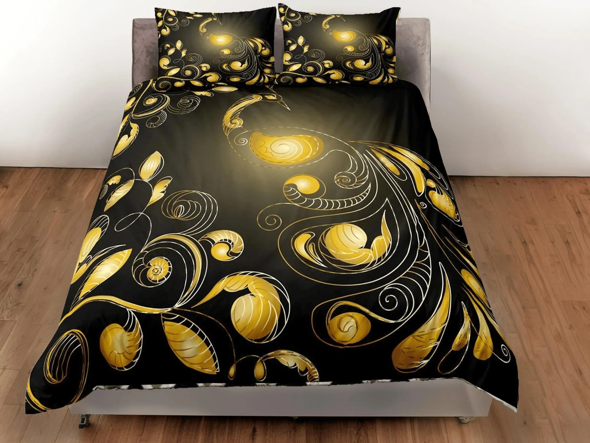 Black duvet cover yellow peacock glowing decor aesthetic bedding set full, luxury duvet queen, king, boho duvet, designer bedding, bedspread