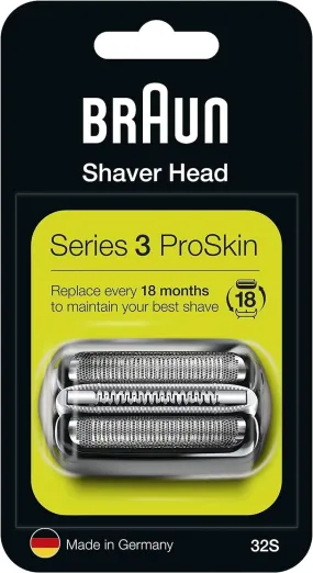 Braun Series 3 Electric Shaver Replacement Head, Easily Attach Your New Shaver Head, Compatible With All Series 3 ProSkin Electric Shavers, 32S, Silver