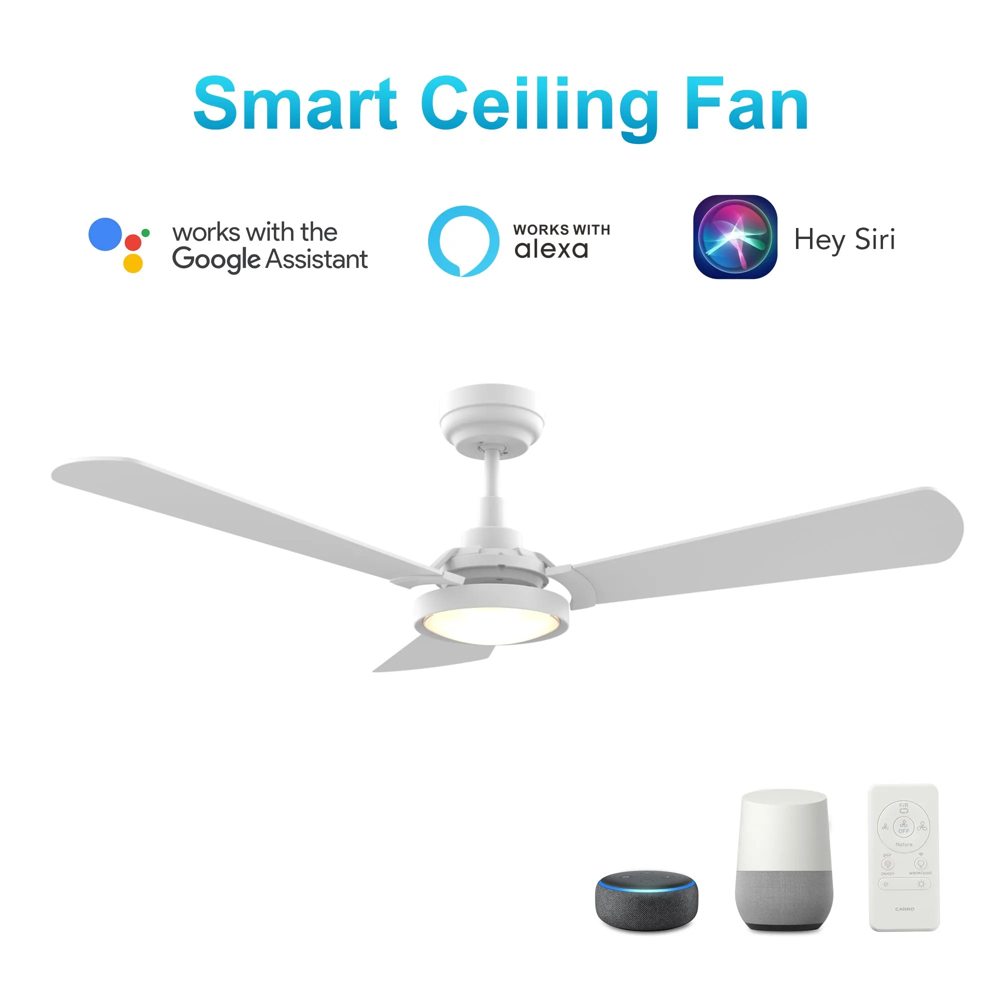 BRISA 56 inch 3-Blade Smart Ceiling Fan with LED Light & Remote Control - White/White