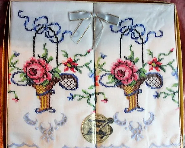 CHARMING Vintage Hand Embroidered Baskets of PINK ROSES Pair of Cotton Pillowcases in Original Box Pillow Case Set HouseWarmimg Bridal Shower Vintage Linen Lover Gift