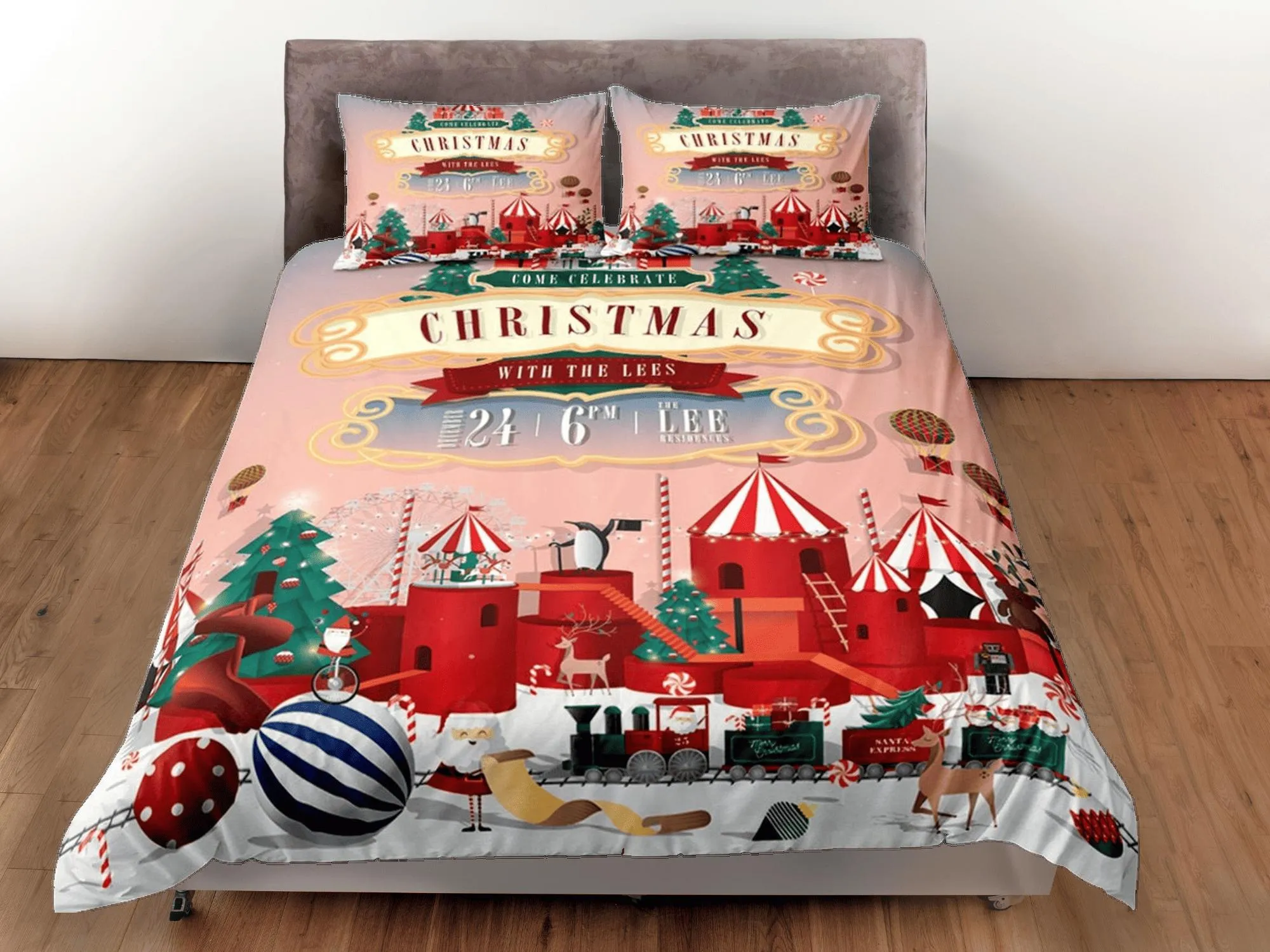 Christmas coral pink duvet cover set, christmas full size bedding & pillowcase, college bedding, toddler bedding, holiday gift room decor